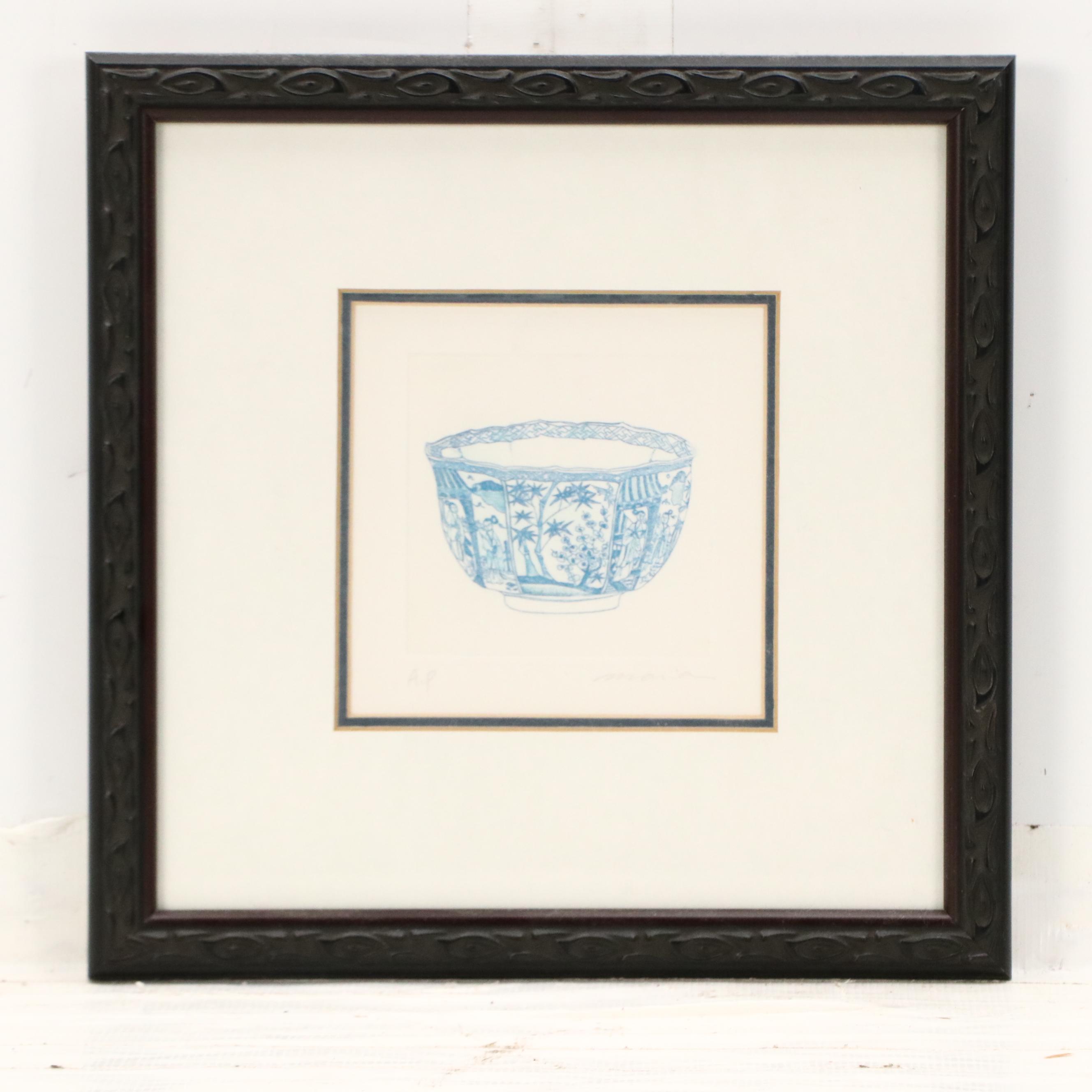 Two Blue Etchings of East Asian Bowls