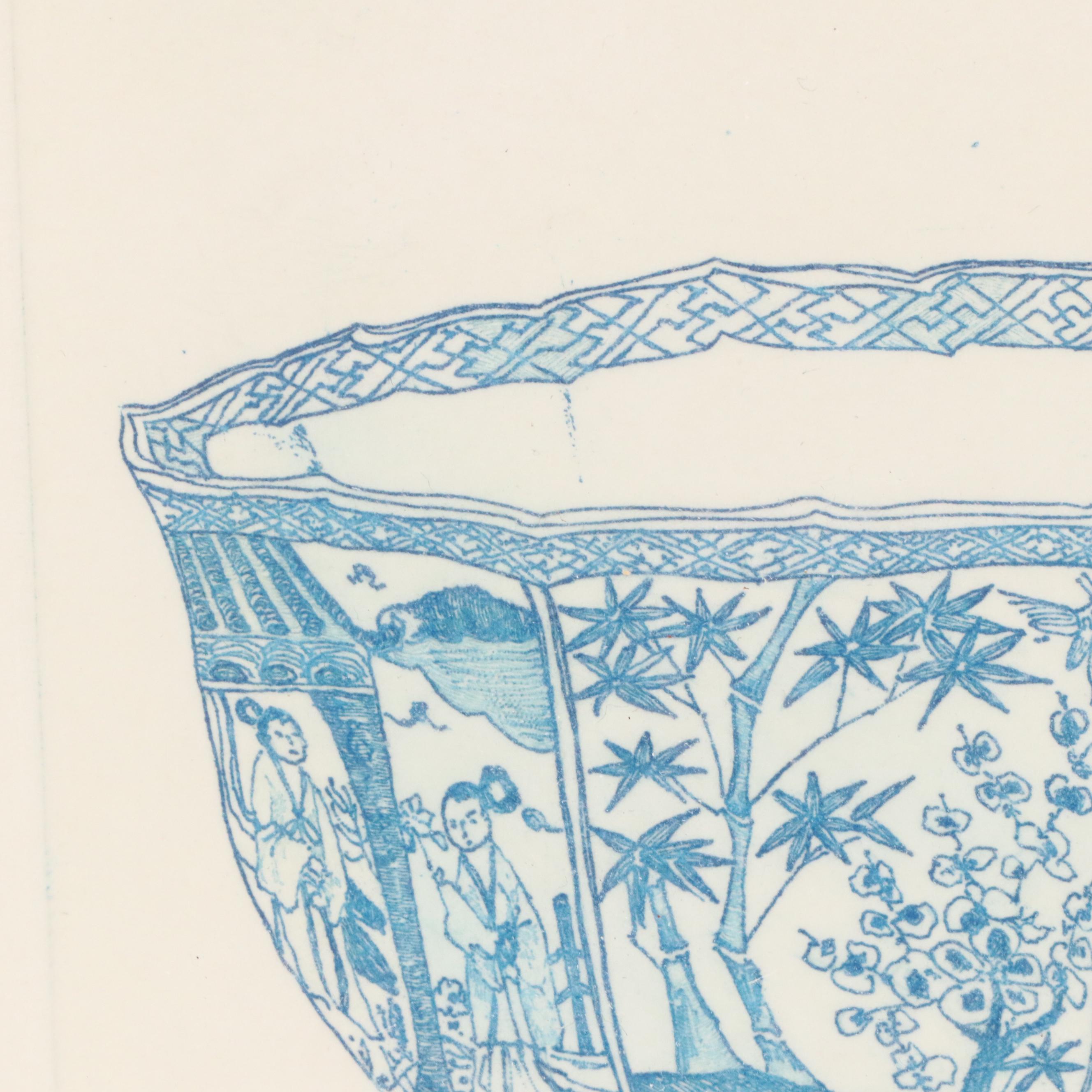 Two Blue Etchings of East Asian Bowls