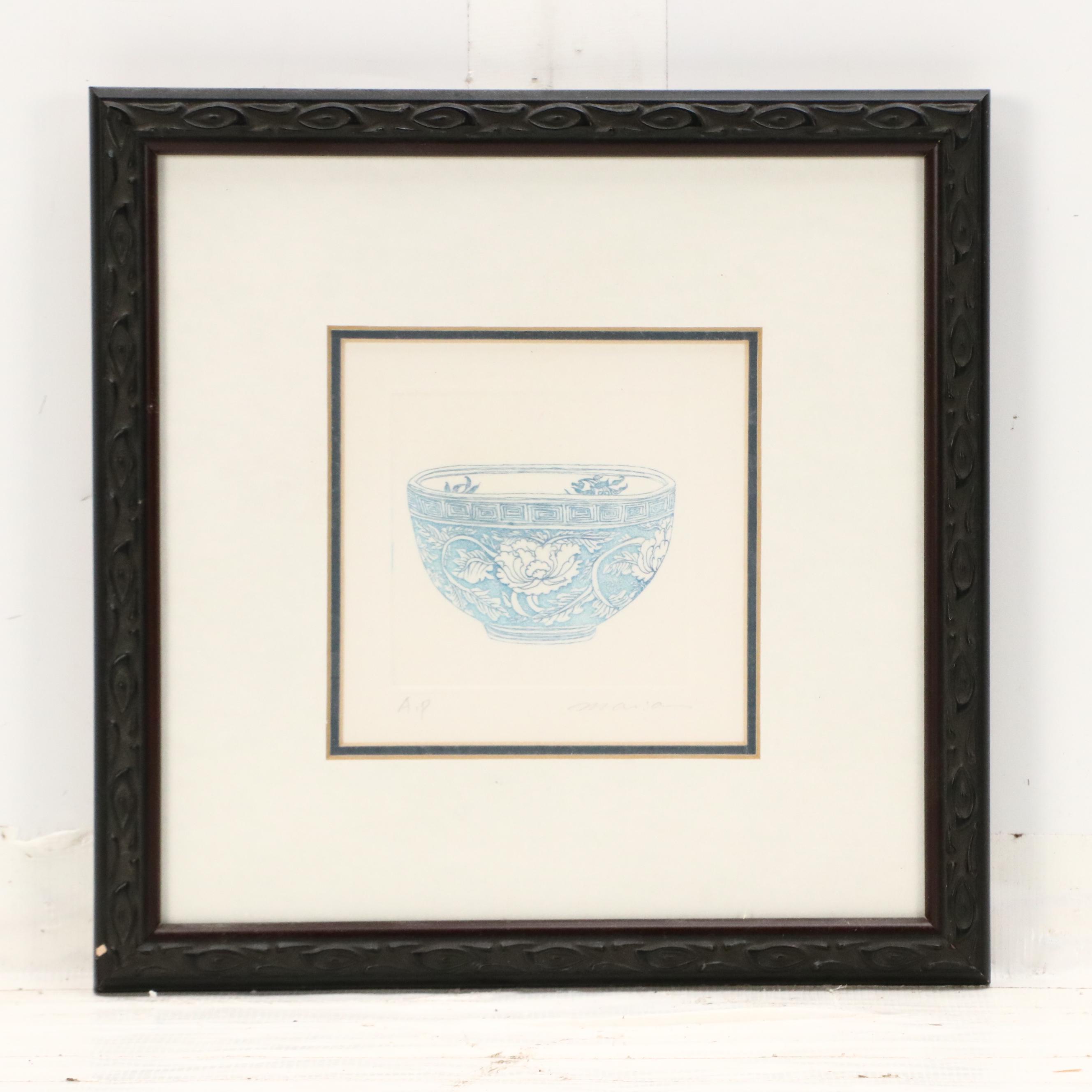 Two Blue Etchings of East Asian Bowls