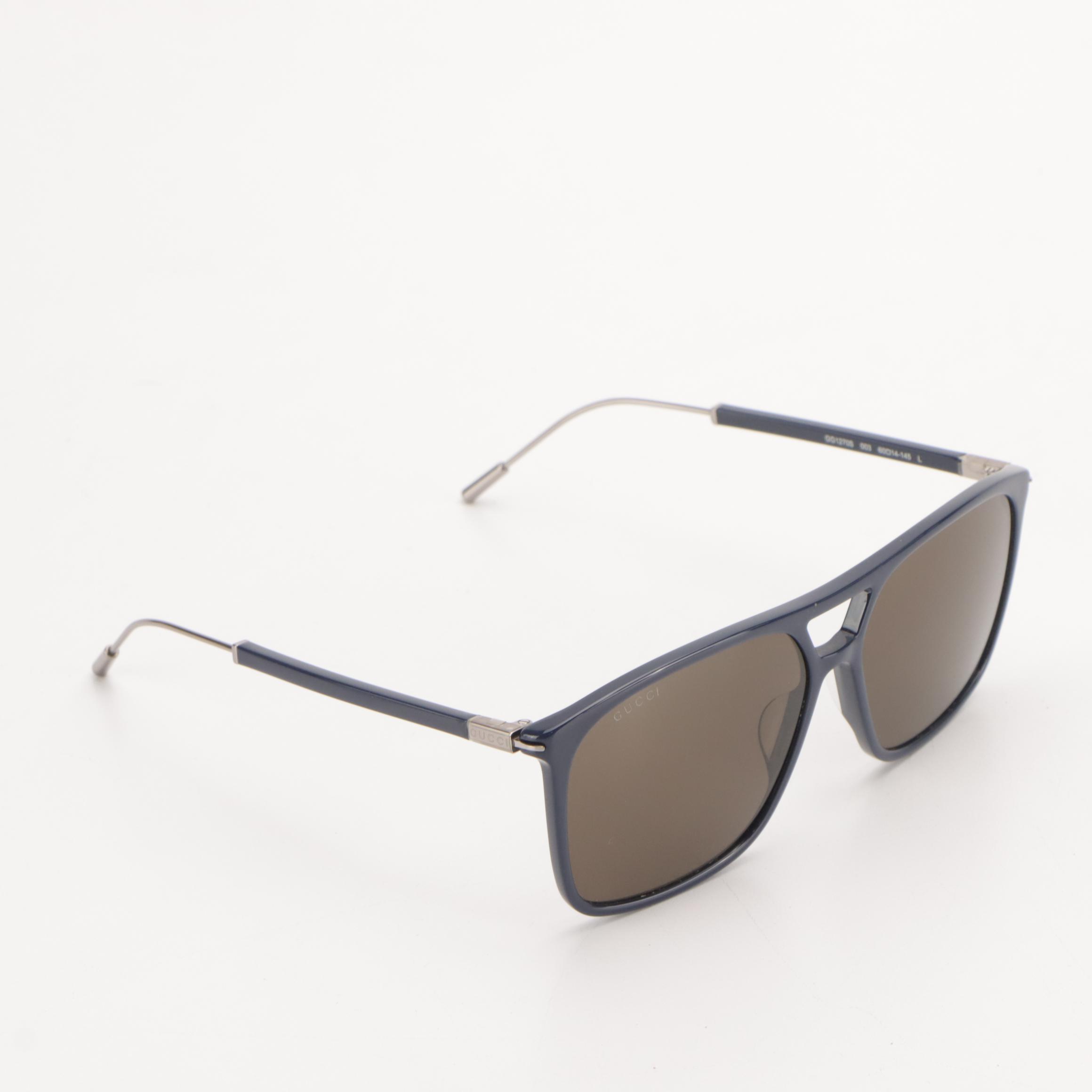 Gucci GG1270S Blue Square Ruthenium Framed Pilot Sunglasses with Case