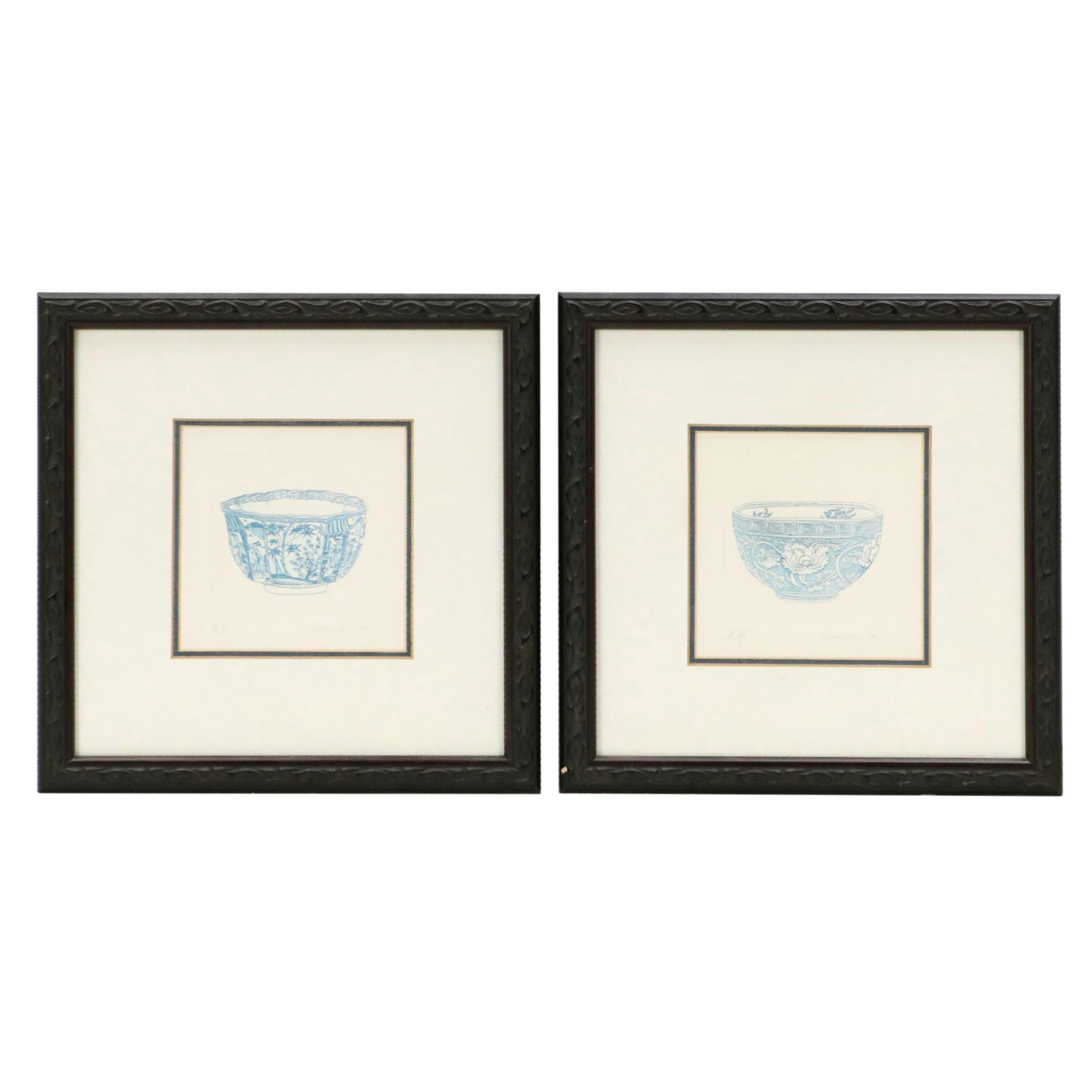 Two Blue Etchings of East Asian Bowls