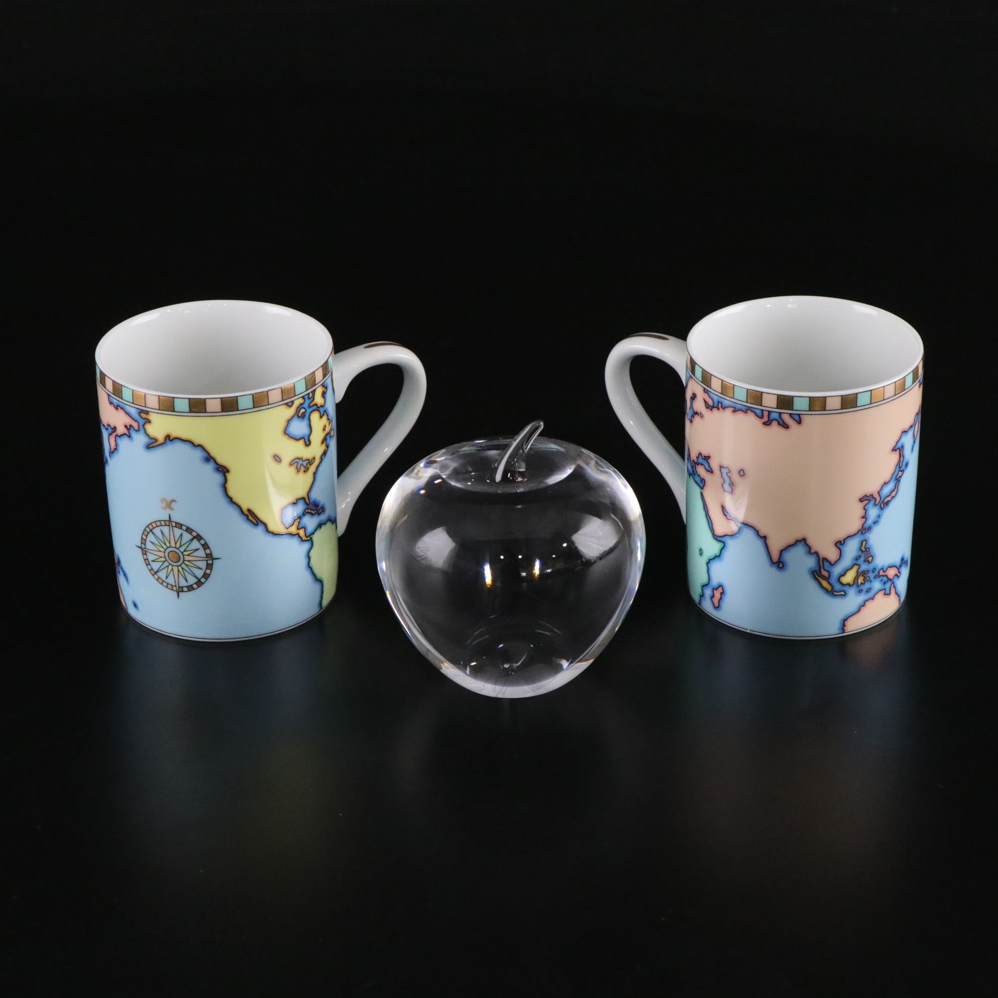 Tiffany & Co Crystal Apple and Two "World Discovery" Mugs