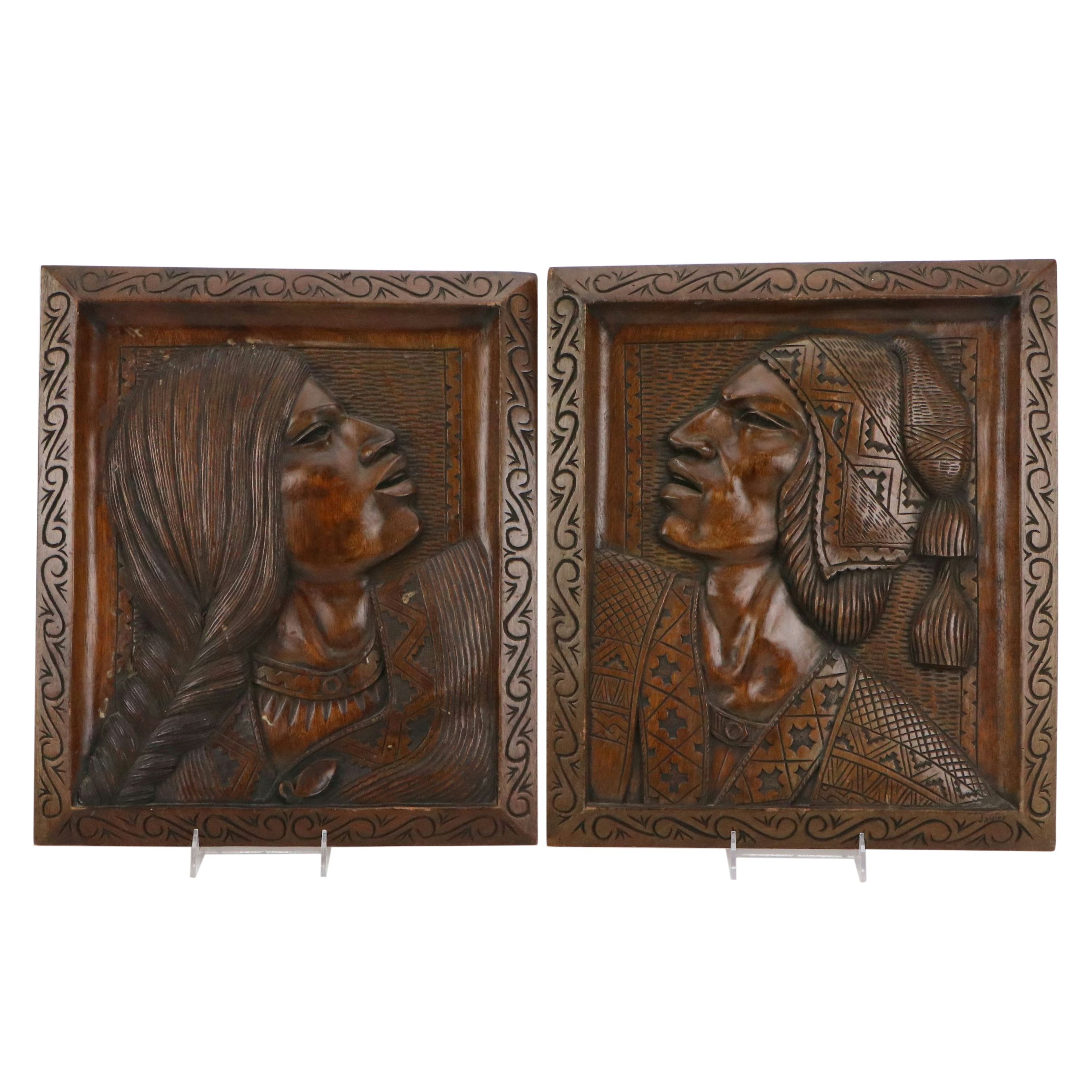 Artist Signed Carved Wooden Portraits