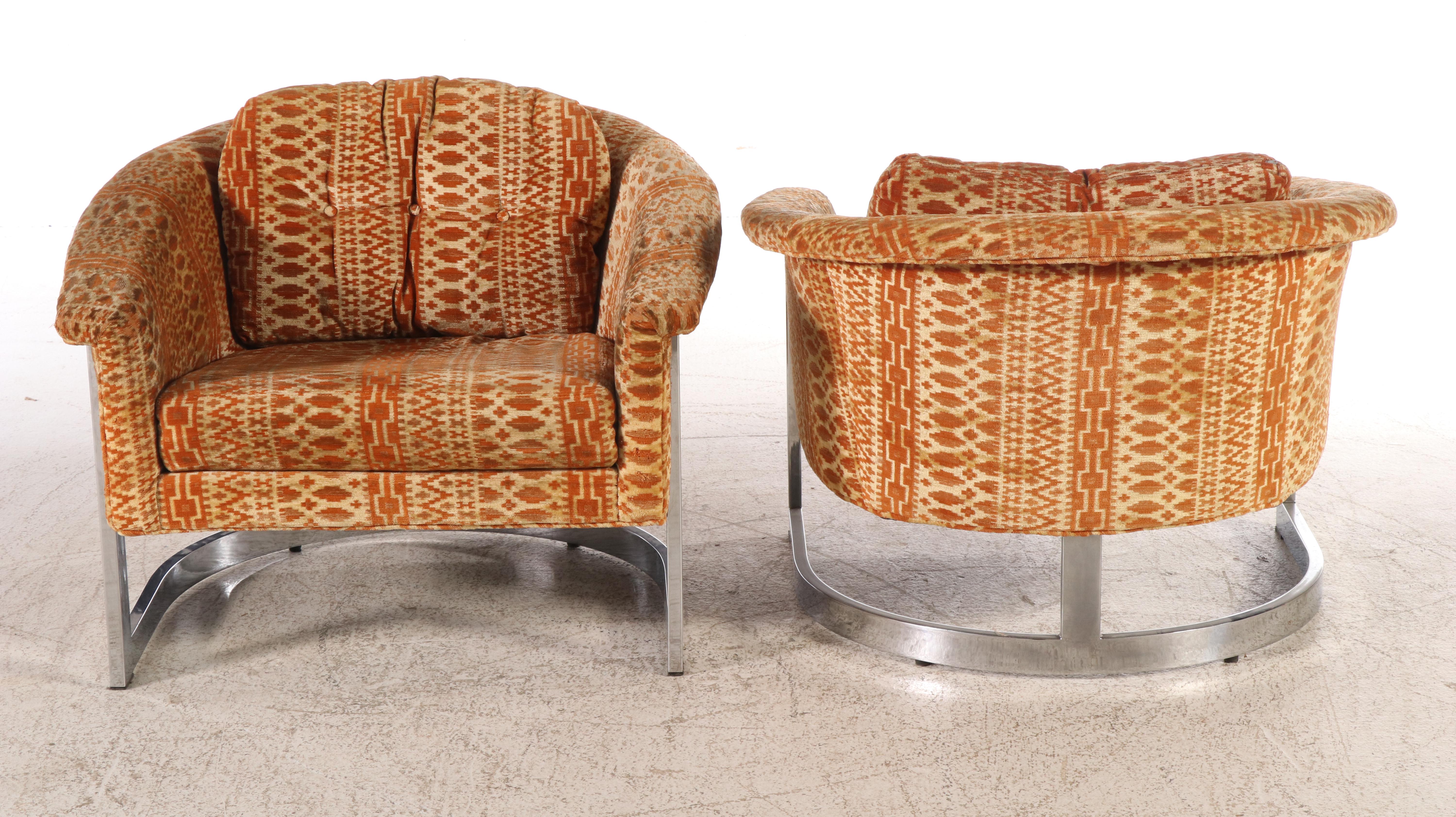 Pair of Selig Imperial Velvet Upholstered Cantilevered Chrome Lounge Chairs