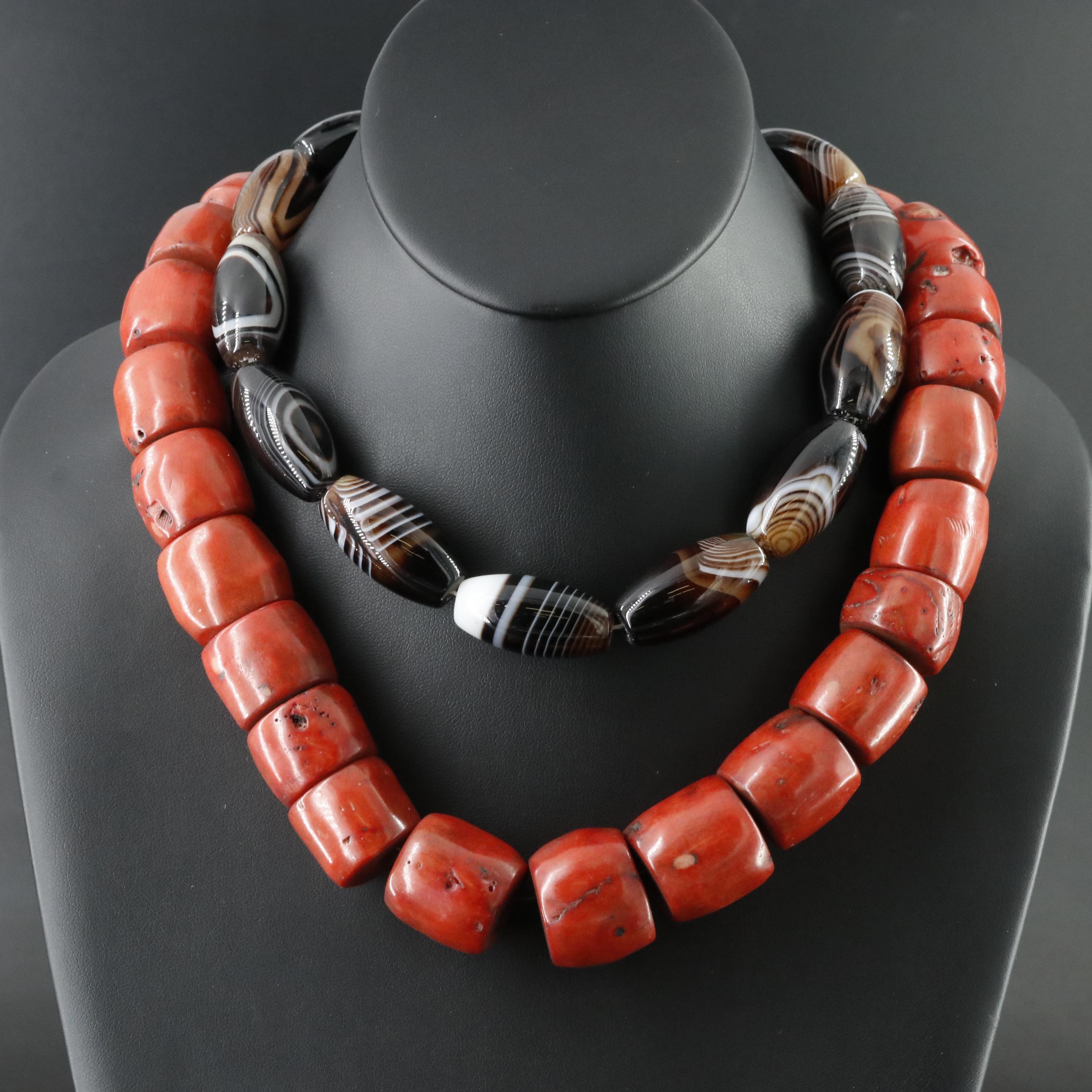 Coral Necklace and Hank of Agate Beads