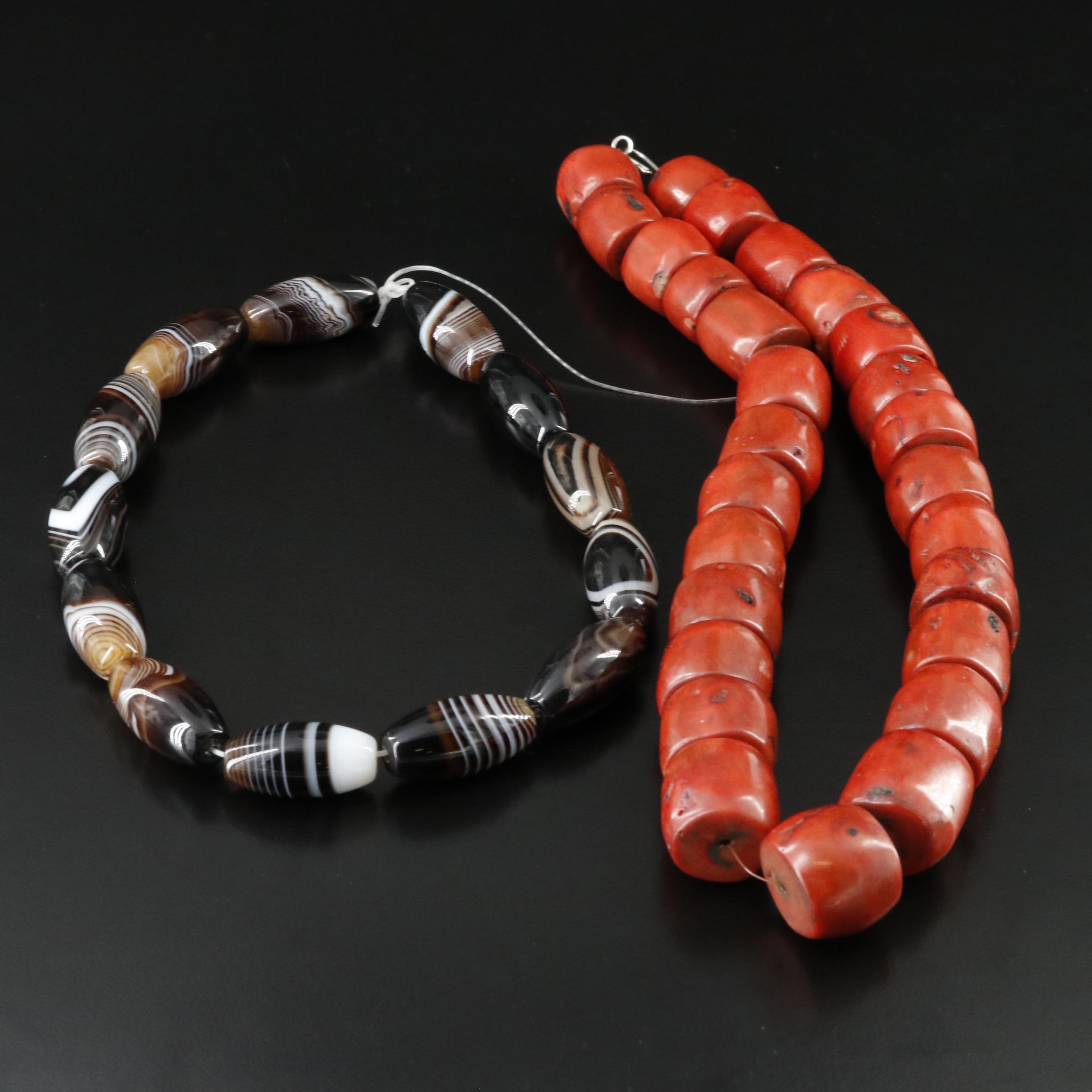 Coral Necklace and Hank of Agate Beads