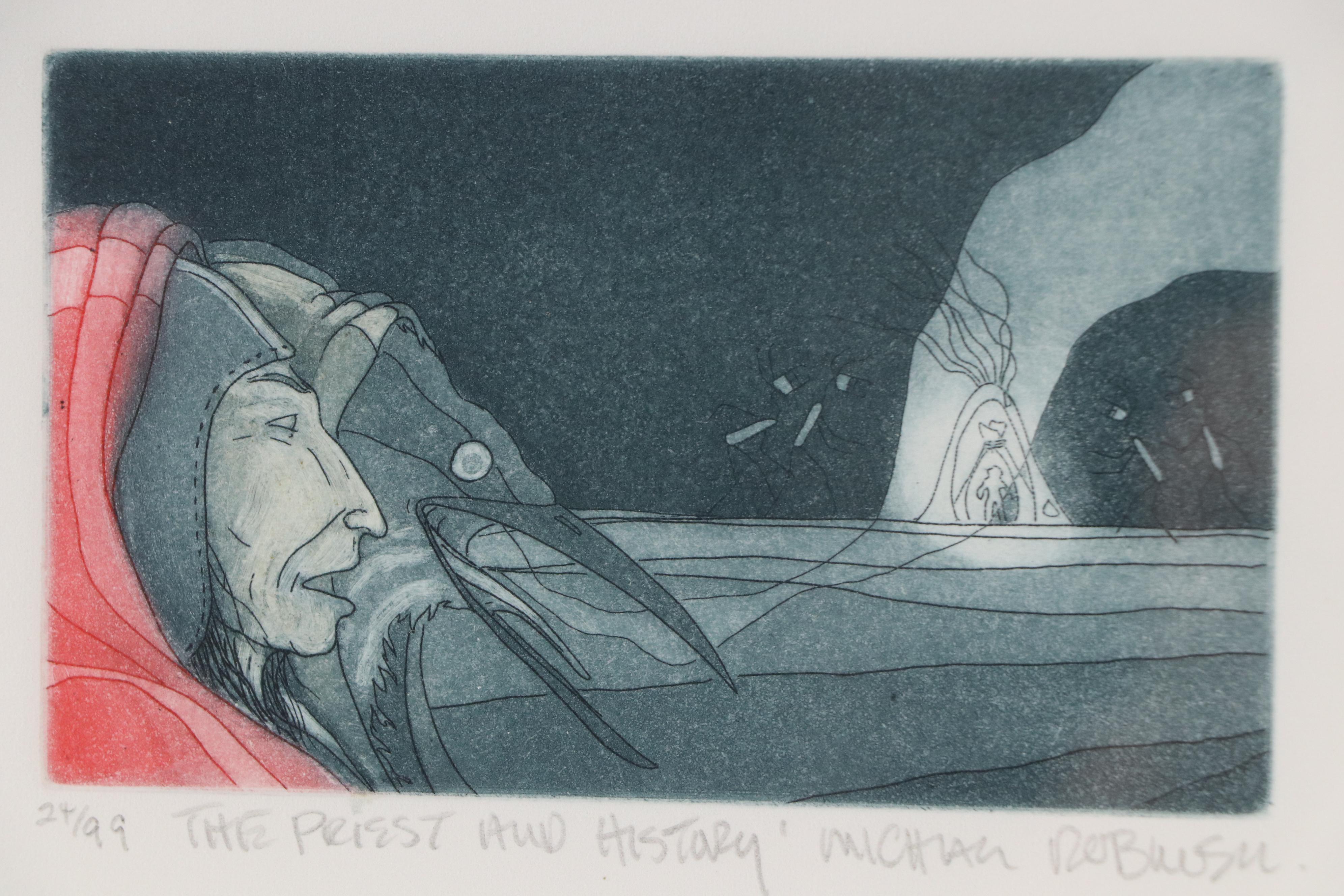 Michael Robinson Hand-Colored Etching "The Priest and History," Circa 2010