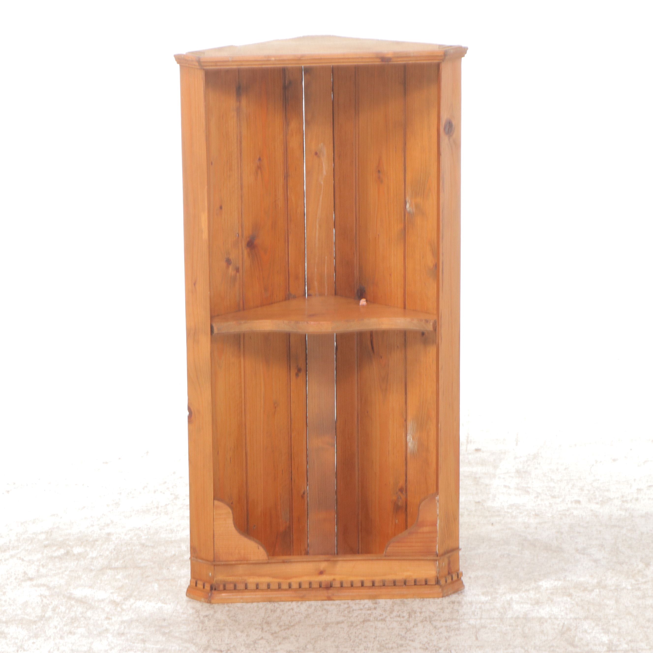 Rustic Style Pine China Cabinet with Pair of Corner Wall Shelves, 20th Century