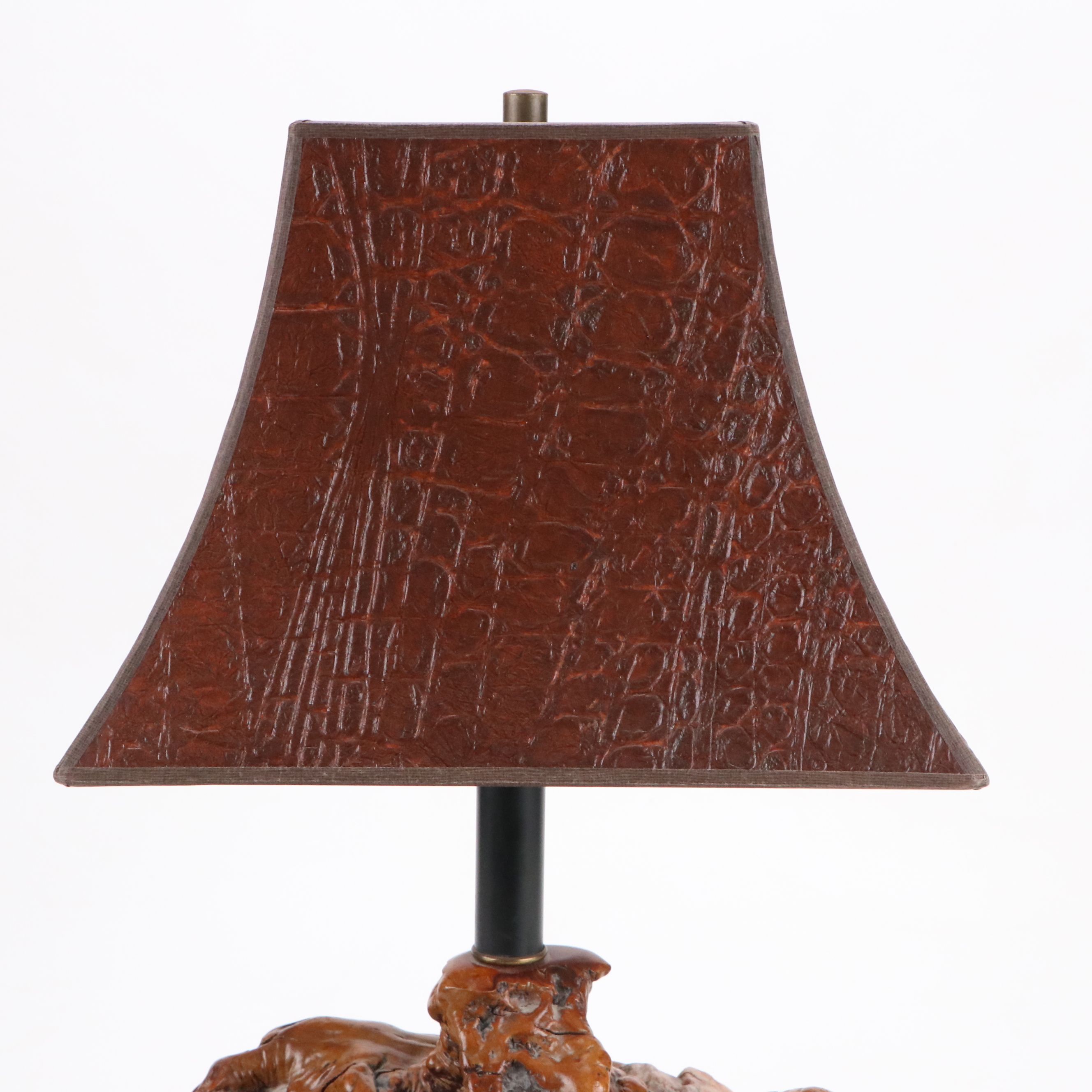 Burl Wood with Stone Inclusions Table Lamp with Embossed Faux Leather Lamp Shade