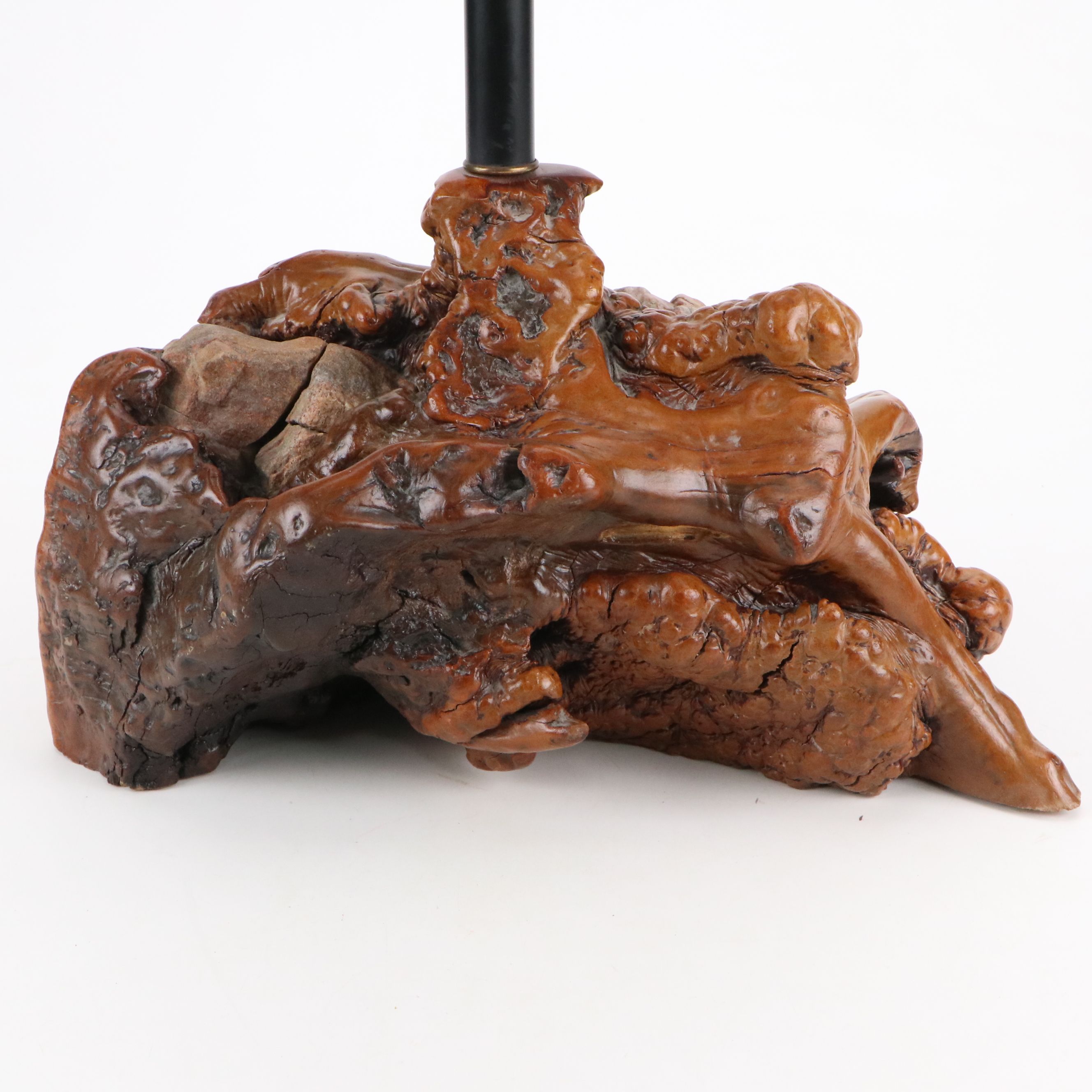 Burl Wood with Stone Inclusions Table Lamp with Embossed Faux Leather Lamp Shade