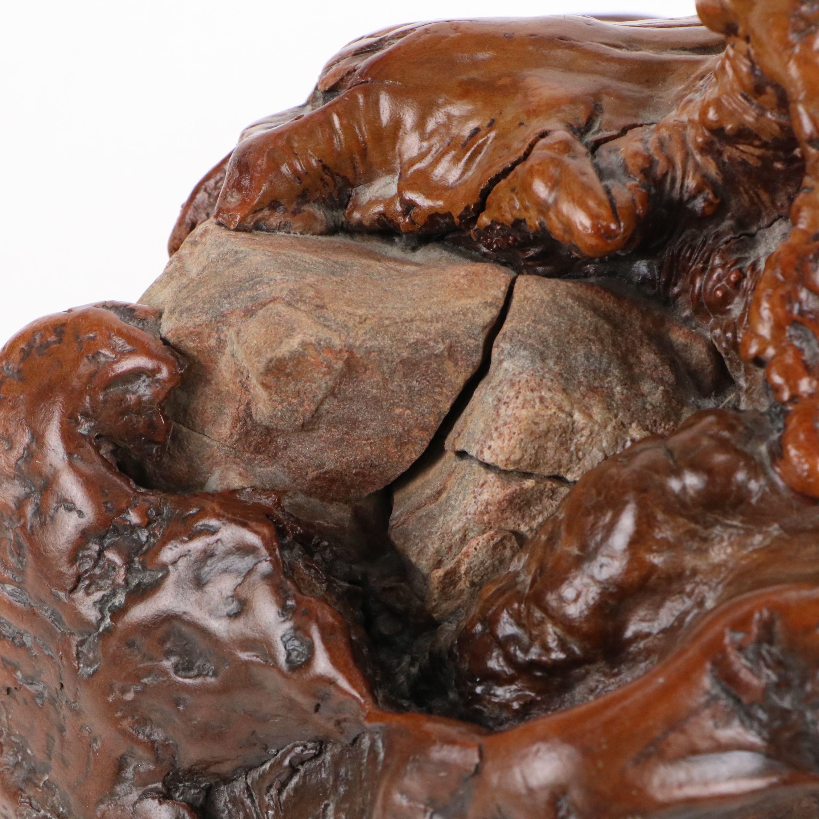 Burl Wood with Stone Inclusions Table Lamp with Embossed Faux Leather Lamp Shade