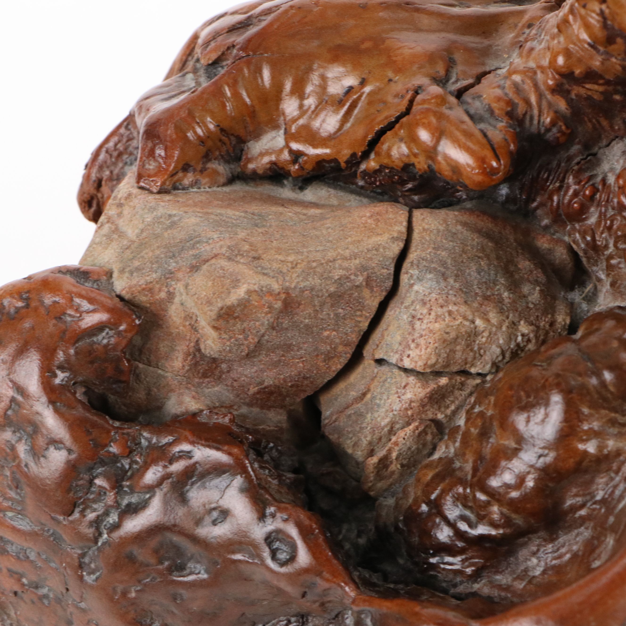 Burl Wood with Stone Inclusions Table Lamp with Embossed Faux Leather Lamp Shade