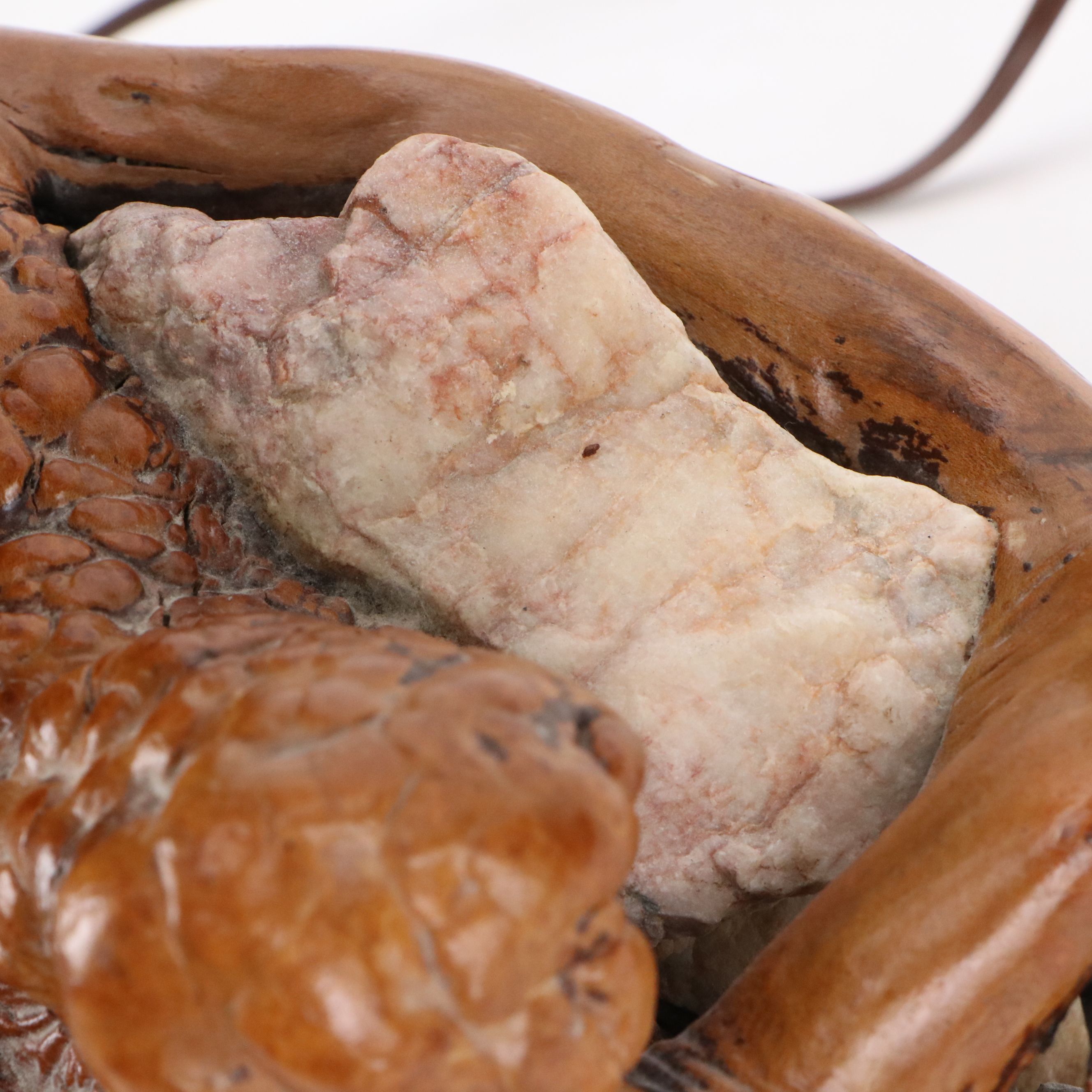 Burl Wood with Stone Inclusions Table Lamp with Embossed Faux Leather Lamp Shade