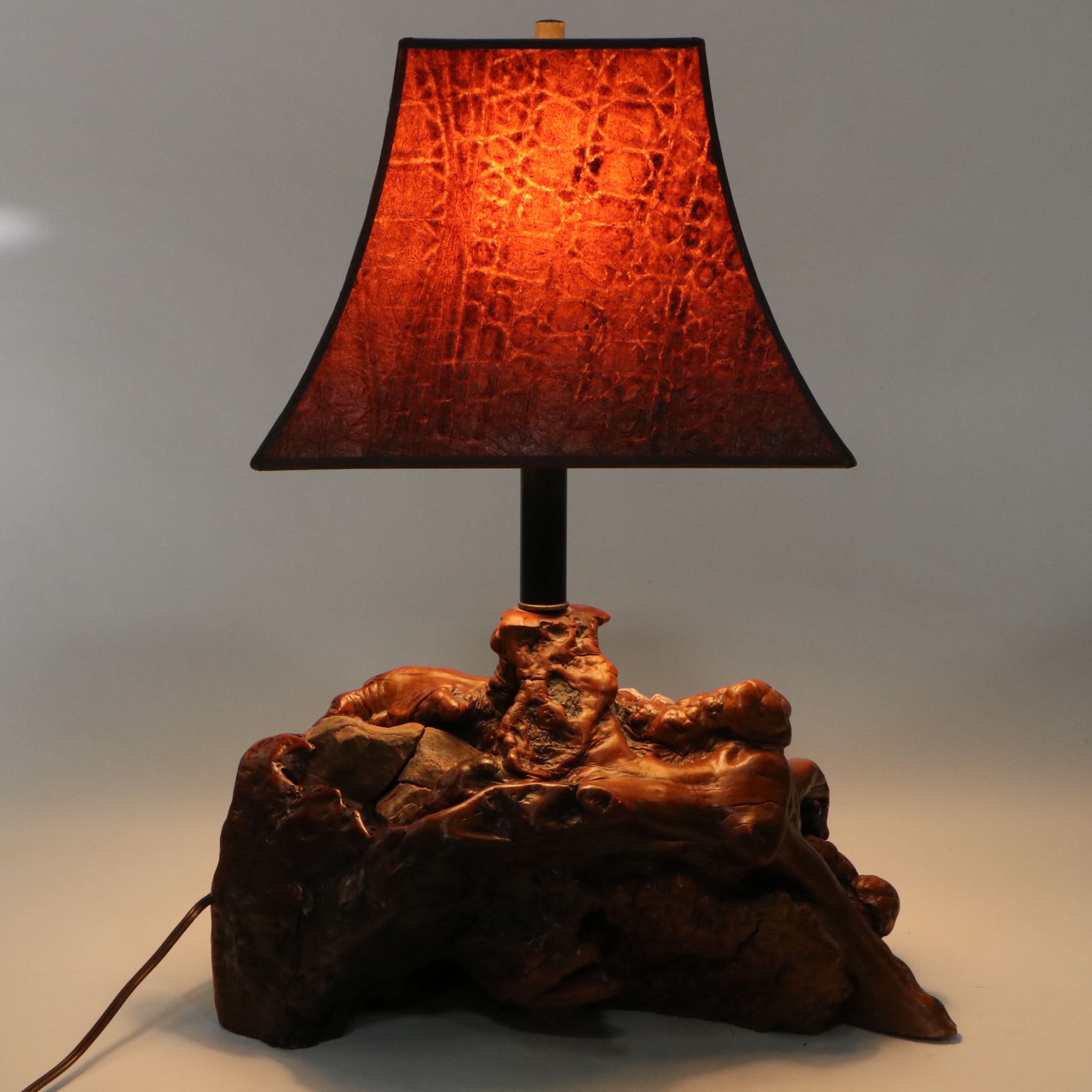 Burl Wood with Stone Inclusions Table Lamp with Embossed Faux Leather Lamp Shade