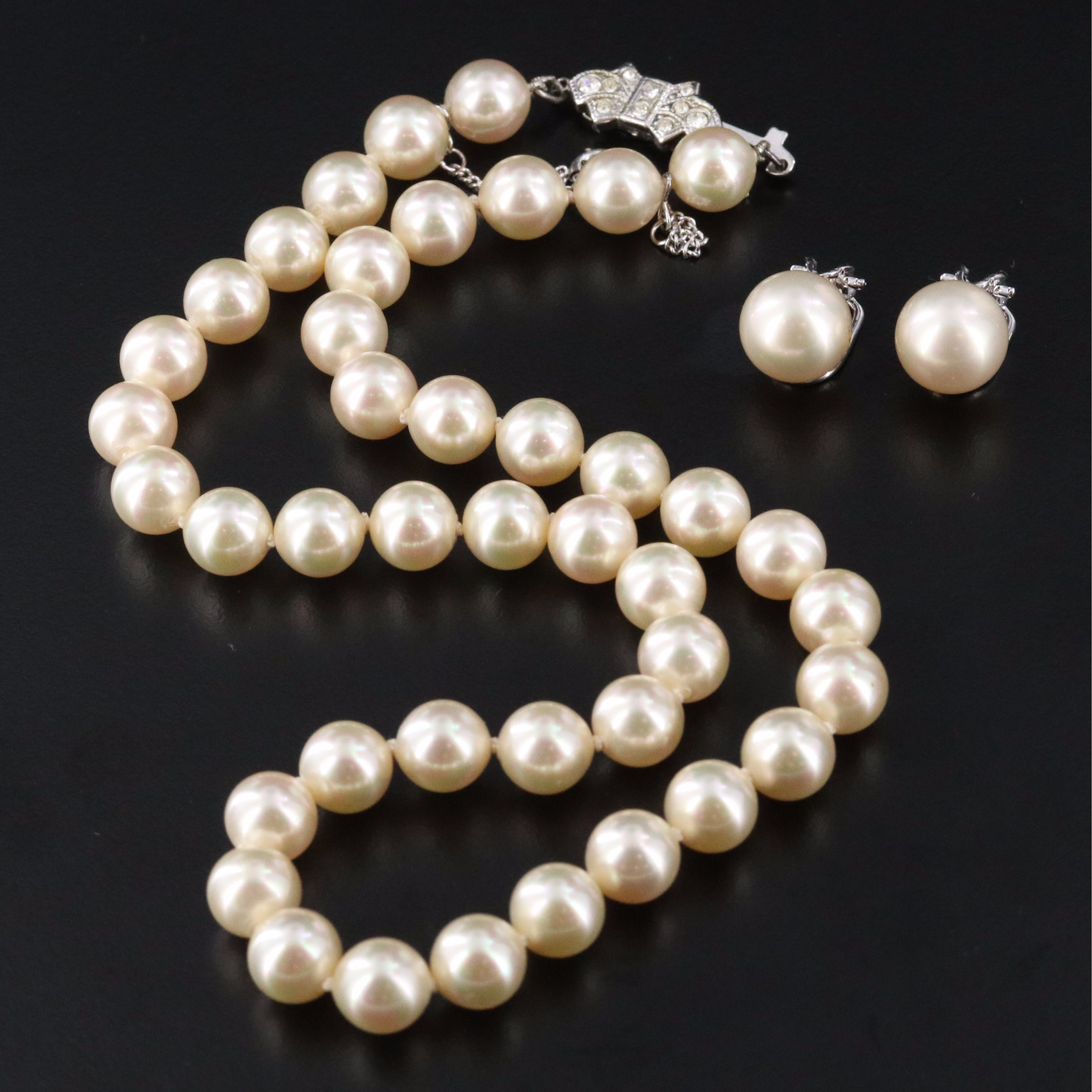 Faux Pearl and Rhinestone Necklace and Earrings
