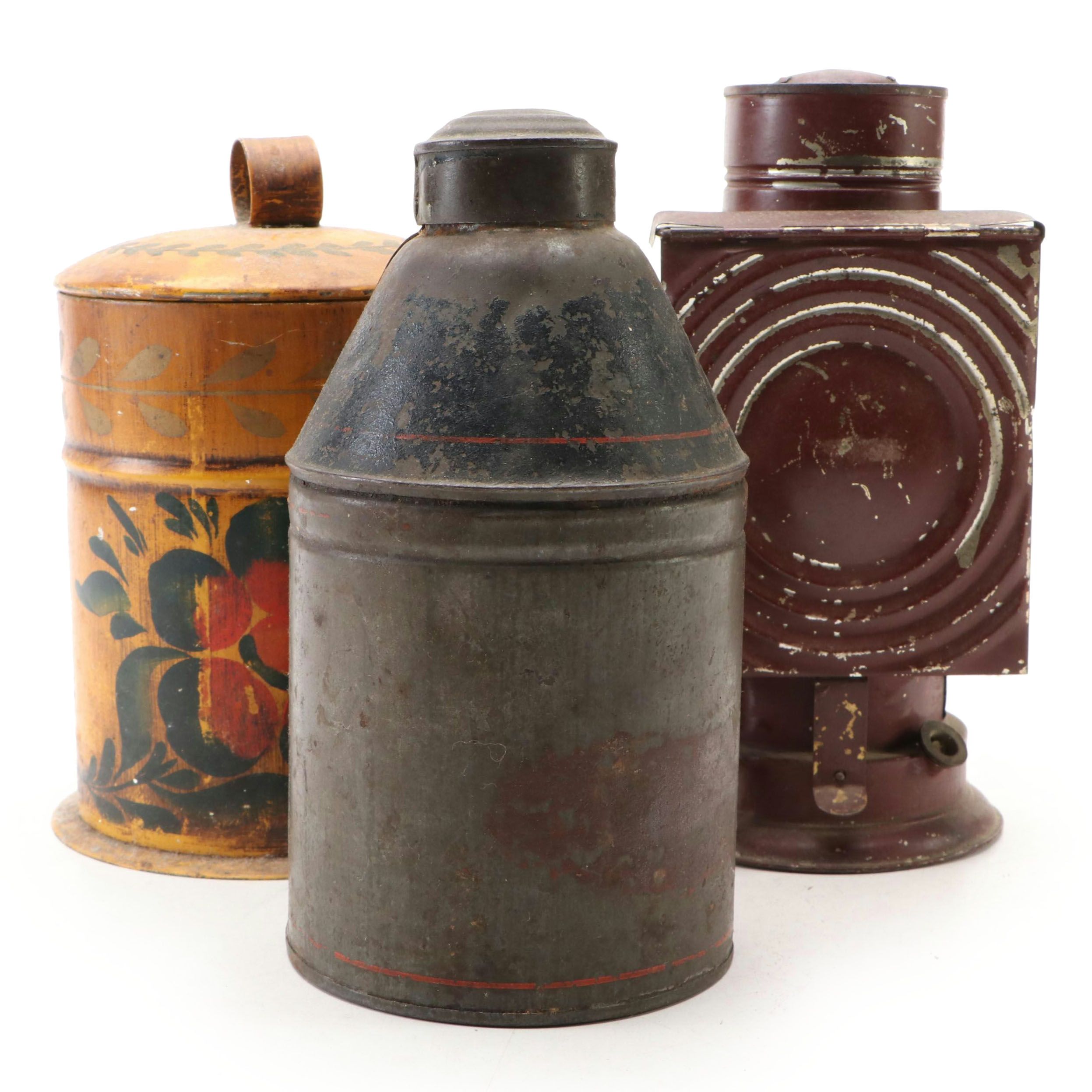 Tole Painted Metal Canisters with Antique Darkroom Kerosene Lantern