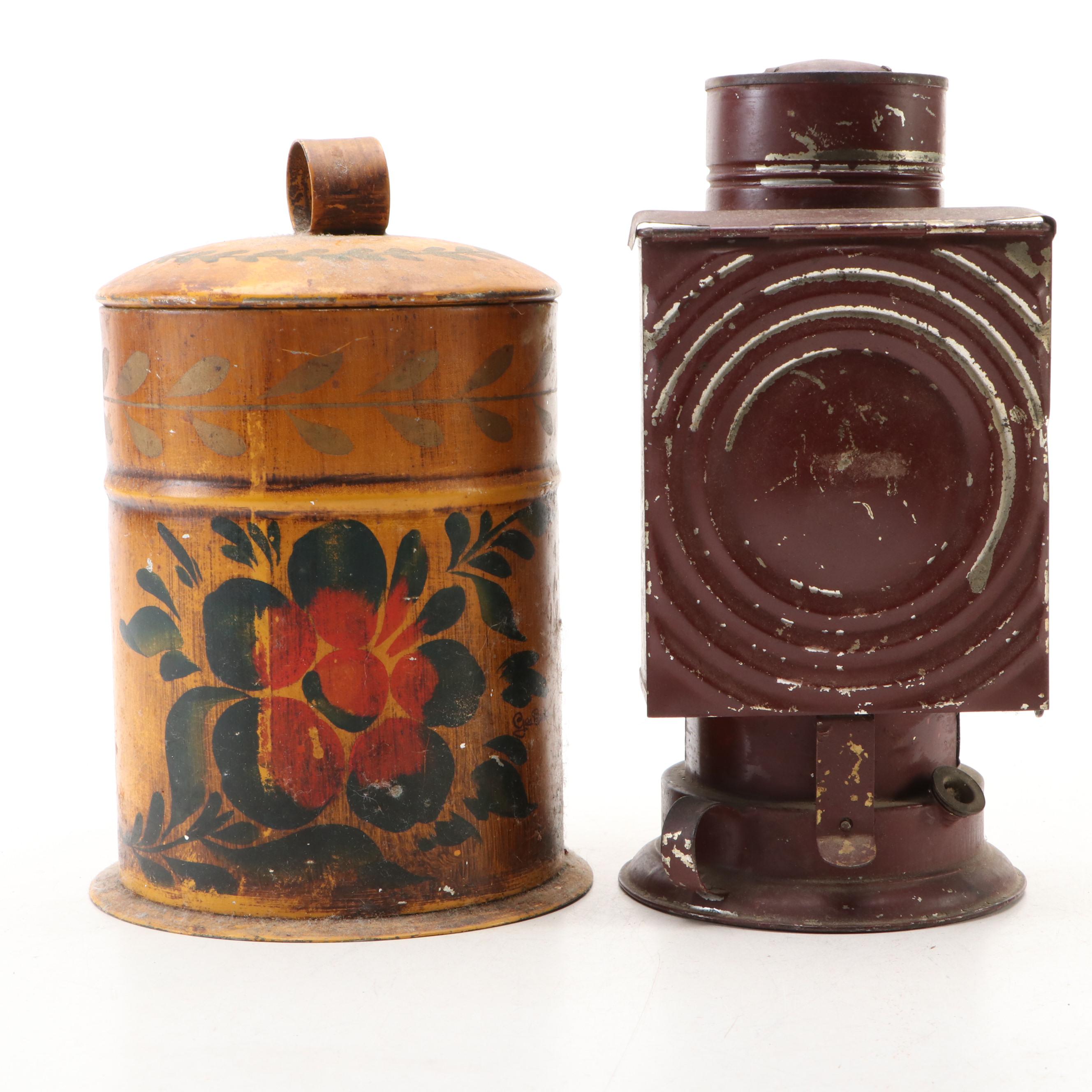 Tole Painted Metal Canisters with Antique Darkroom Kerosene Lantern