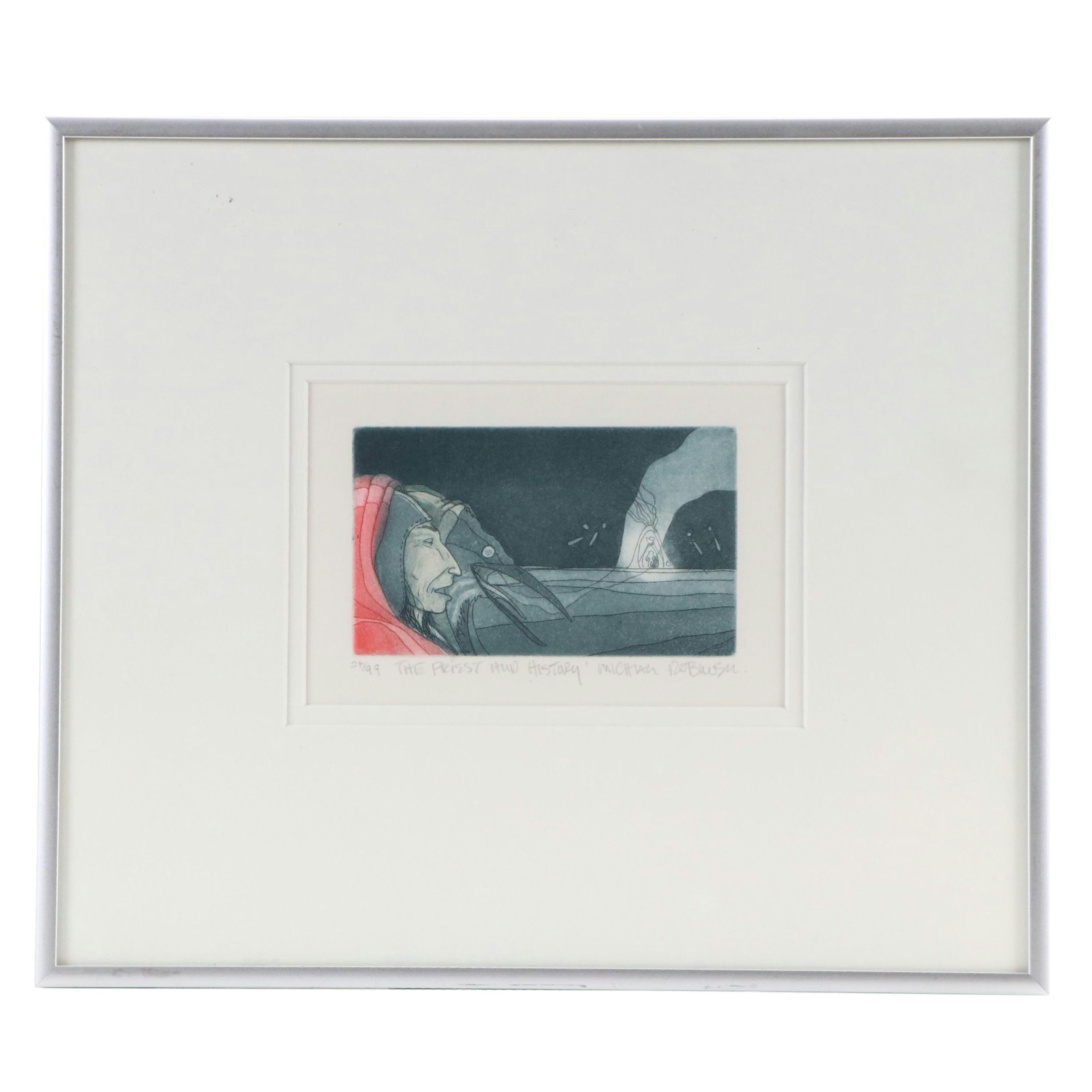 Michael Robinson Hand-Colored Etching "The Priest and History," Circa 2010