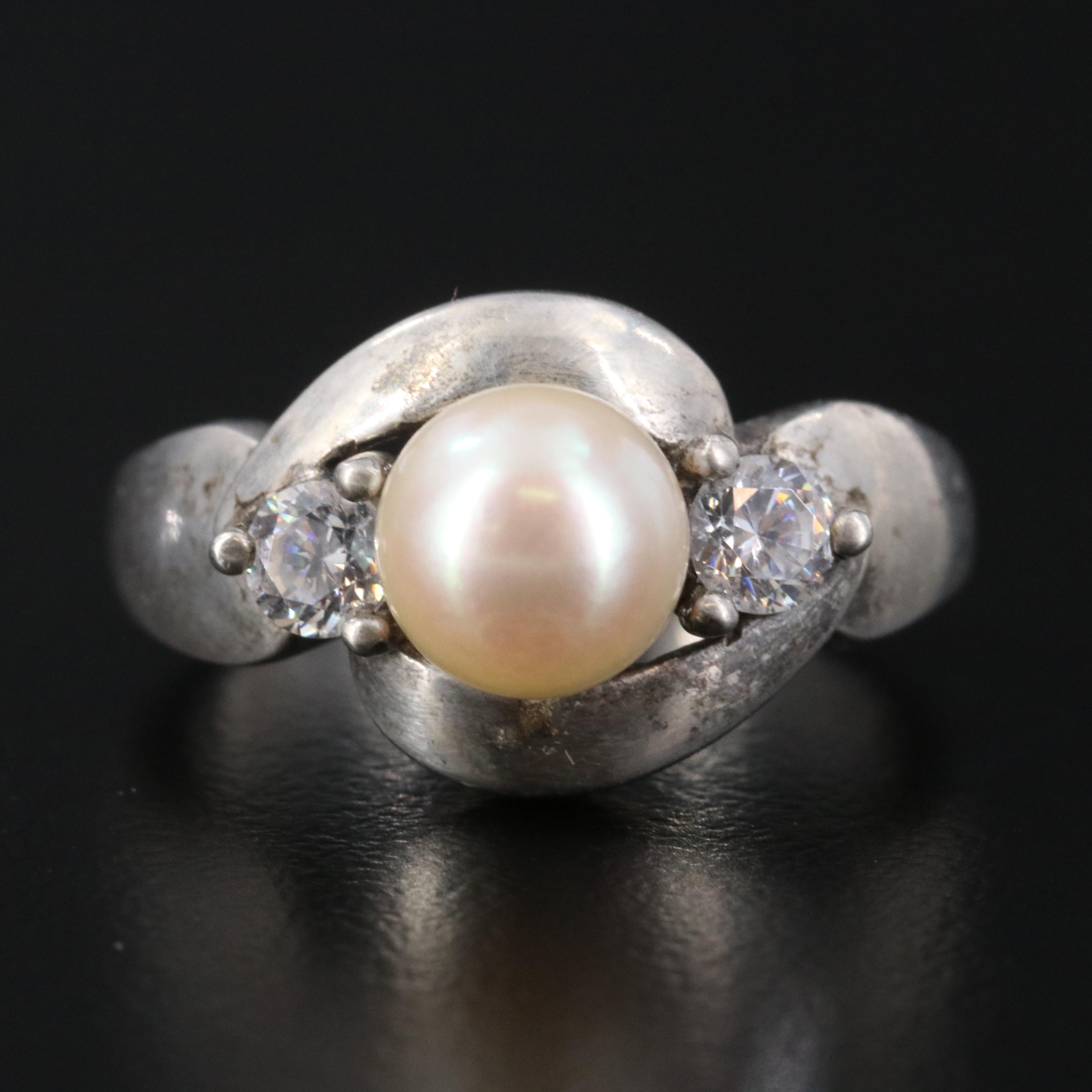Sterling Pearl and CZ Ring