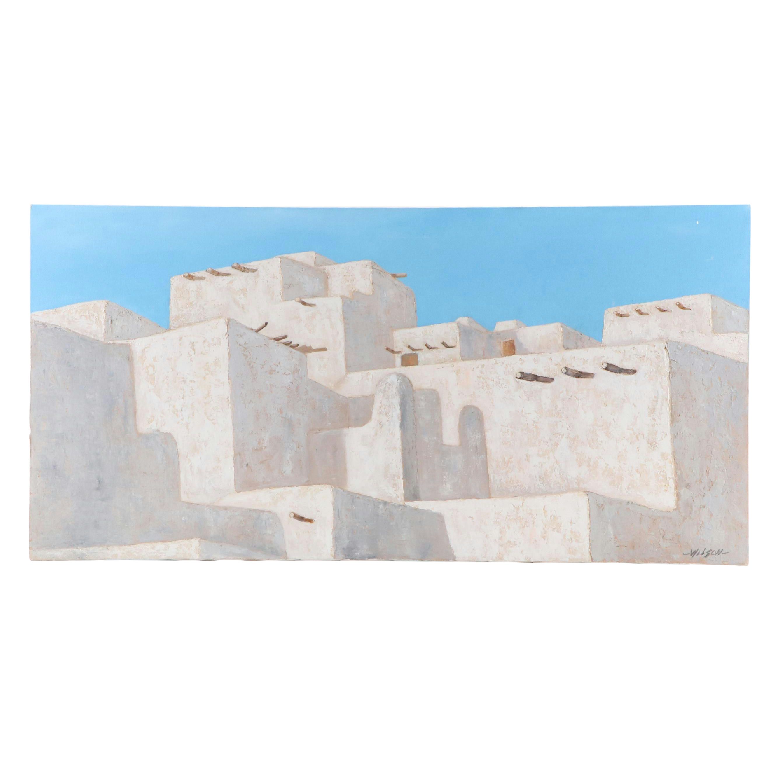 L. Freisen Wilson Oil Painting of Pueblo Building, Late 20th Century