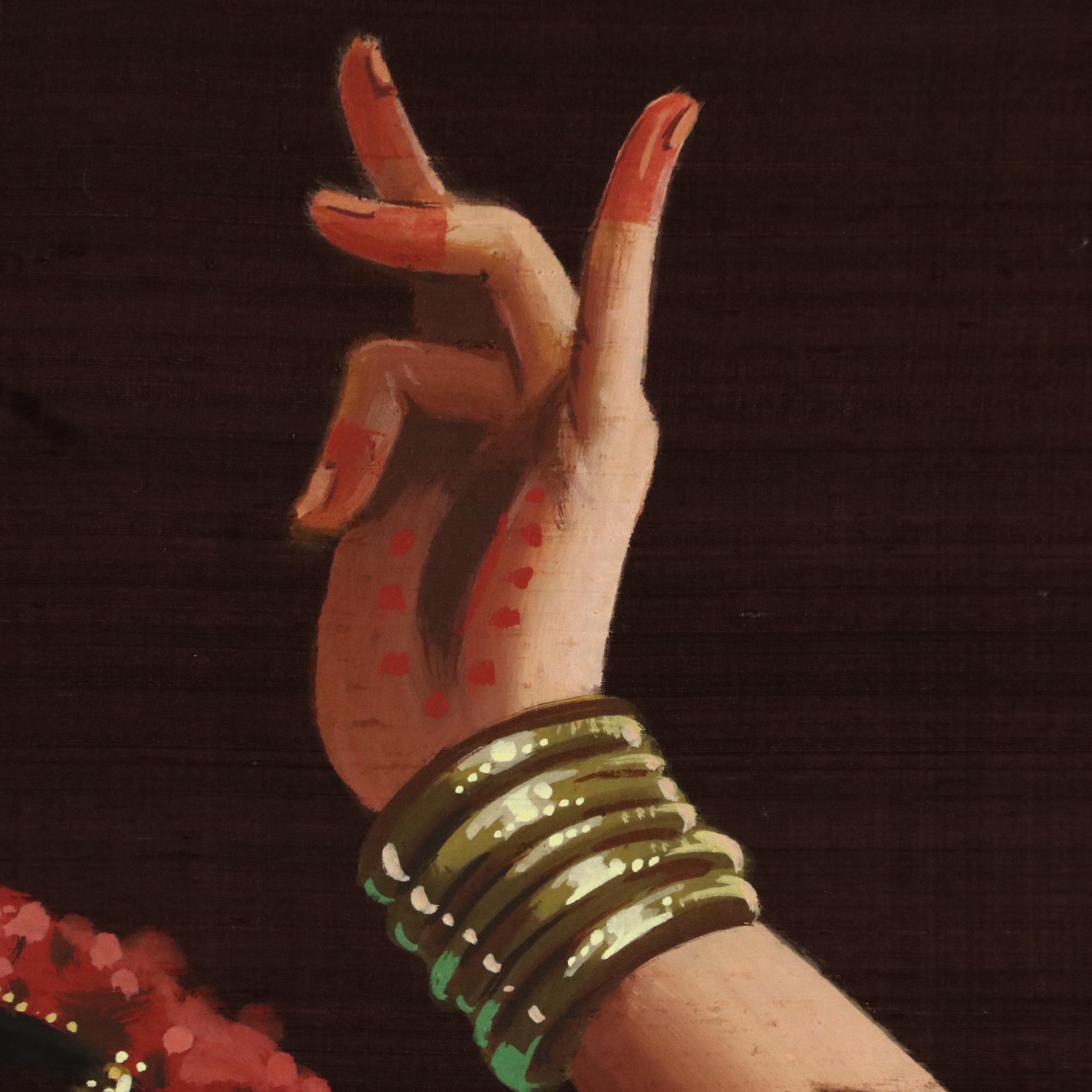 Acrylic Painting of Dancing Indian Woman Expressing With Mudras