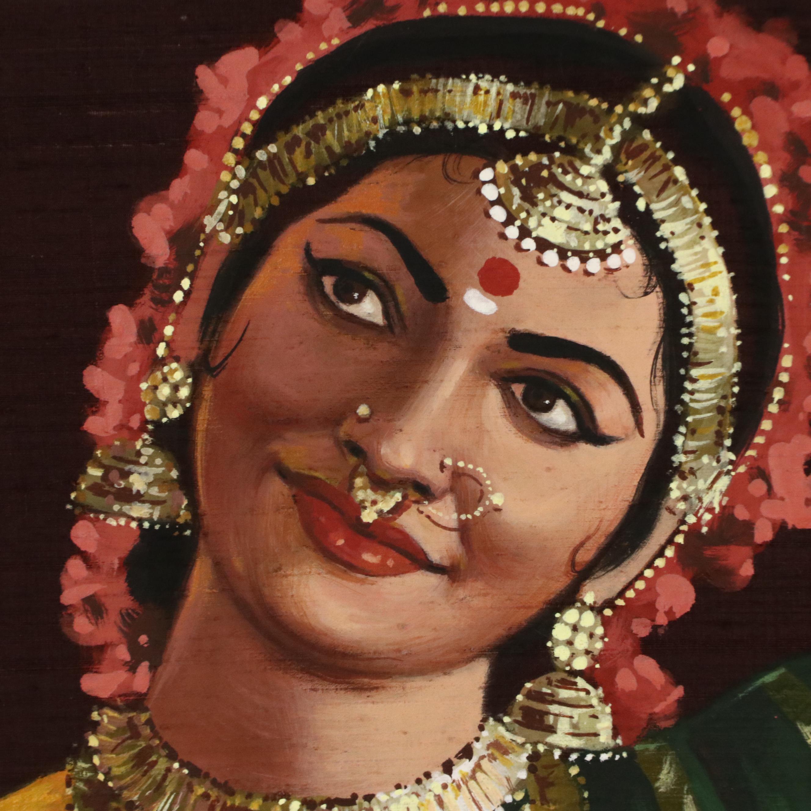 Acrylic Painting of Dancing Indian Woman Expressing With Mudras