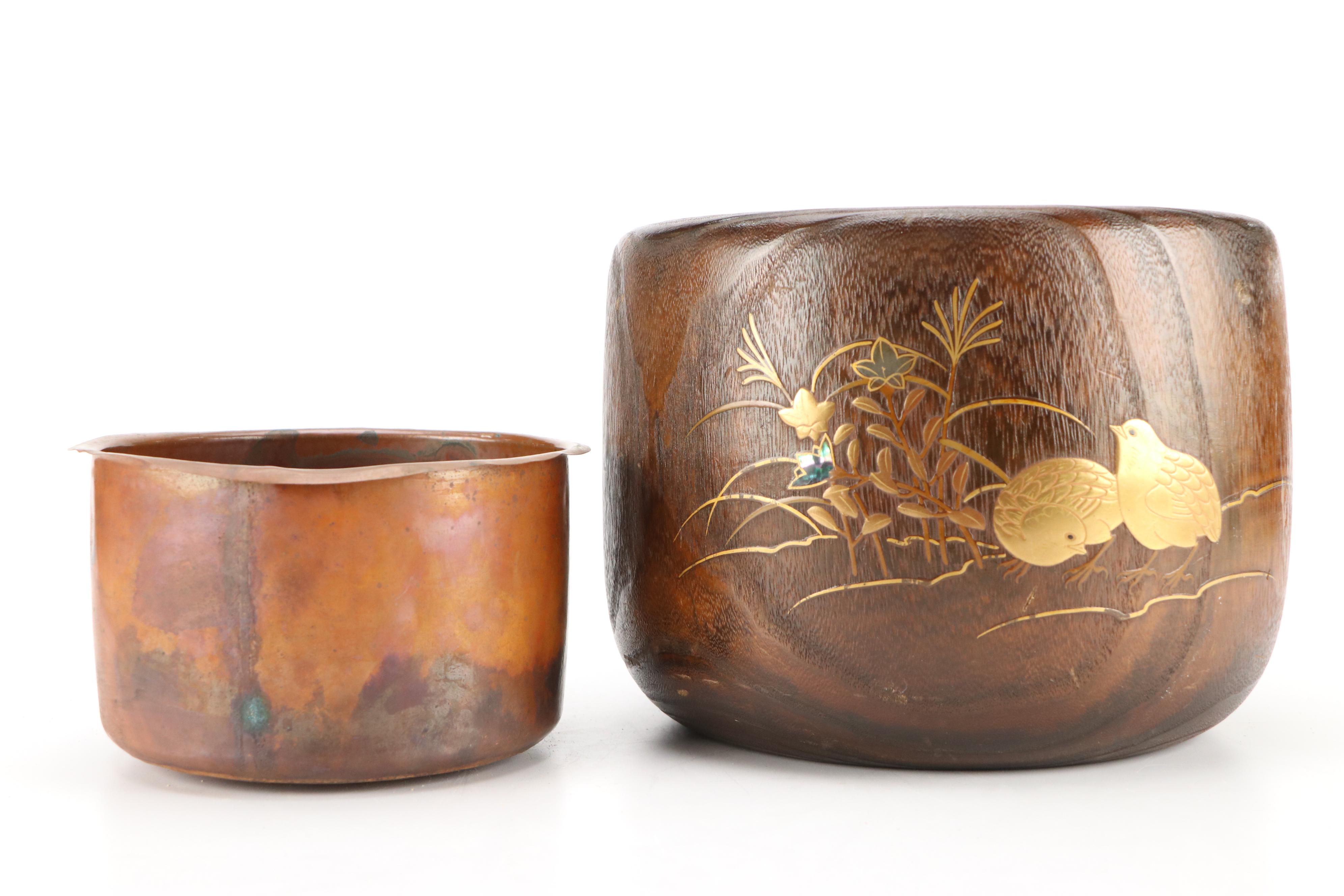 Japanese Lacquer Kiri Wood Hibachi with Metal and Abalone Inlay