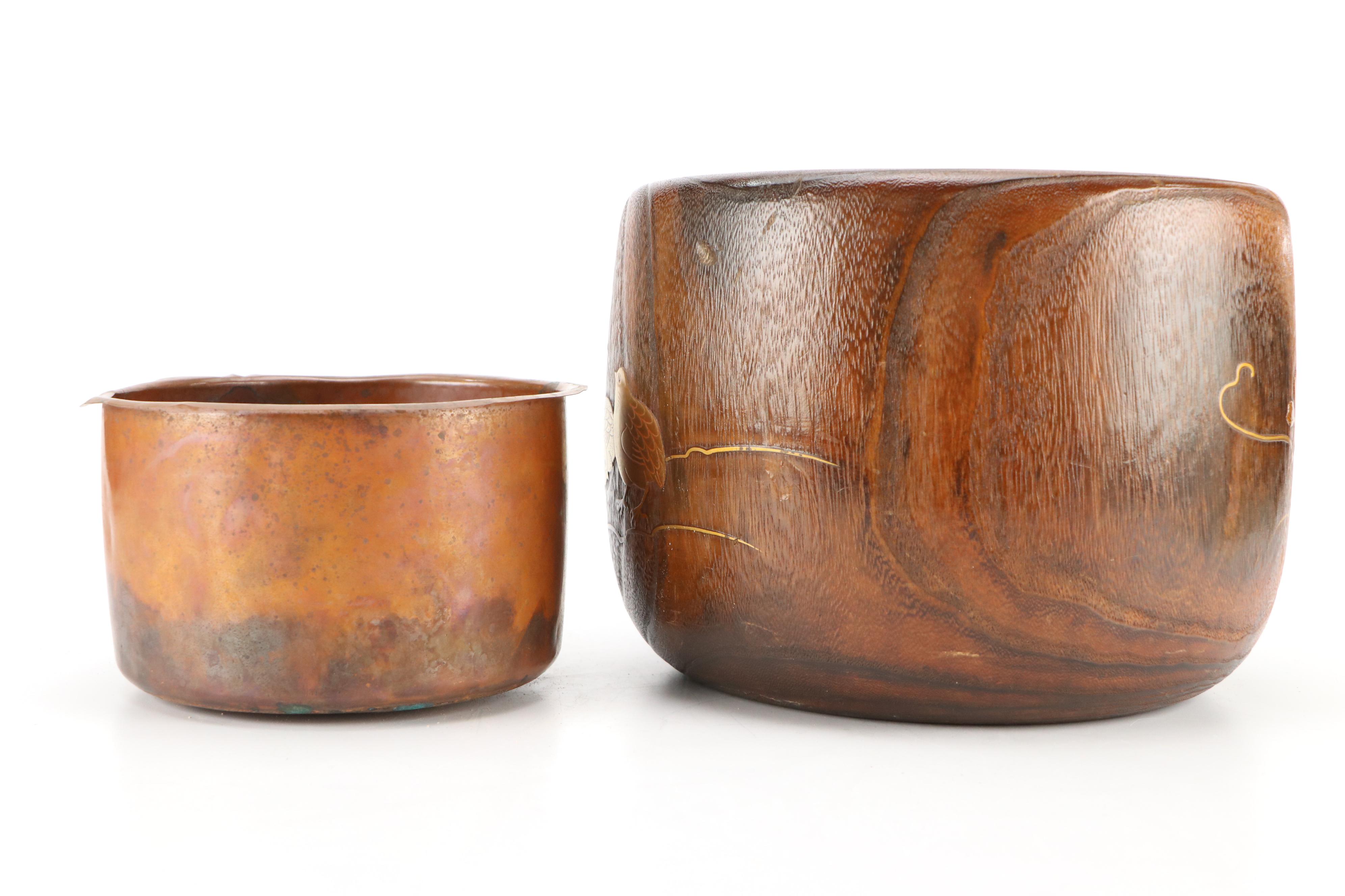 Japanese Lacquer Kiri Wood Hibachi with Metal and Abalone Inlay