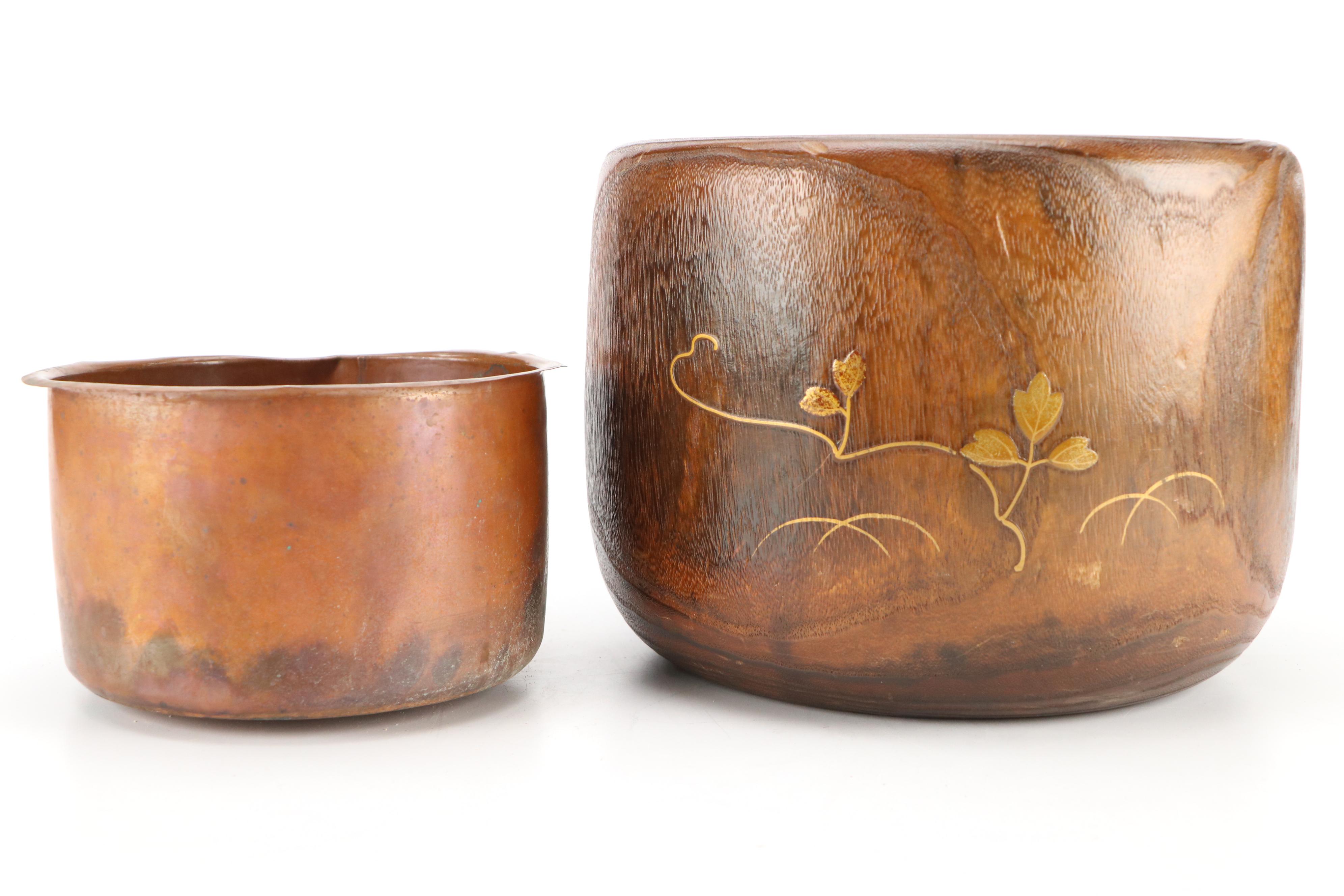 Japanese Lacquer Kiri Wood Hibachi with Metal and Abalone Inlay