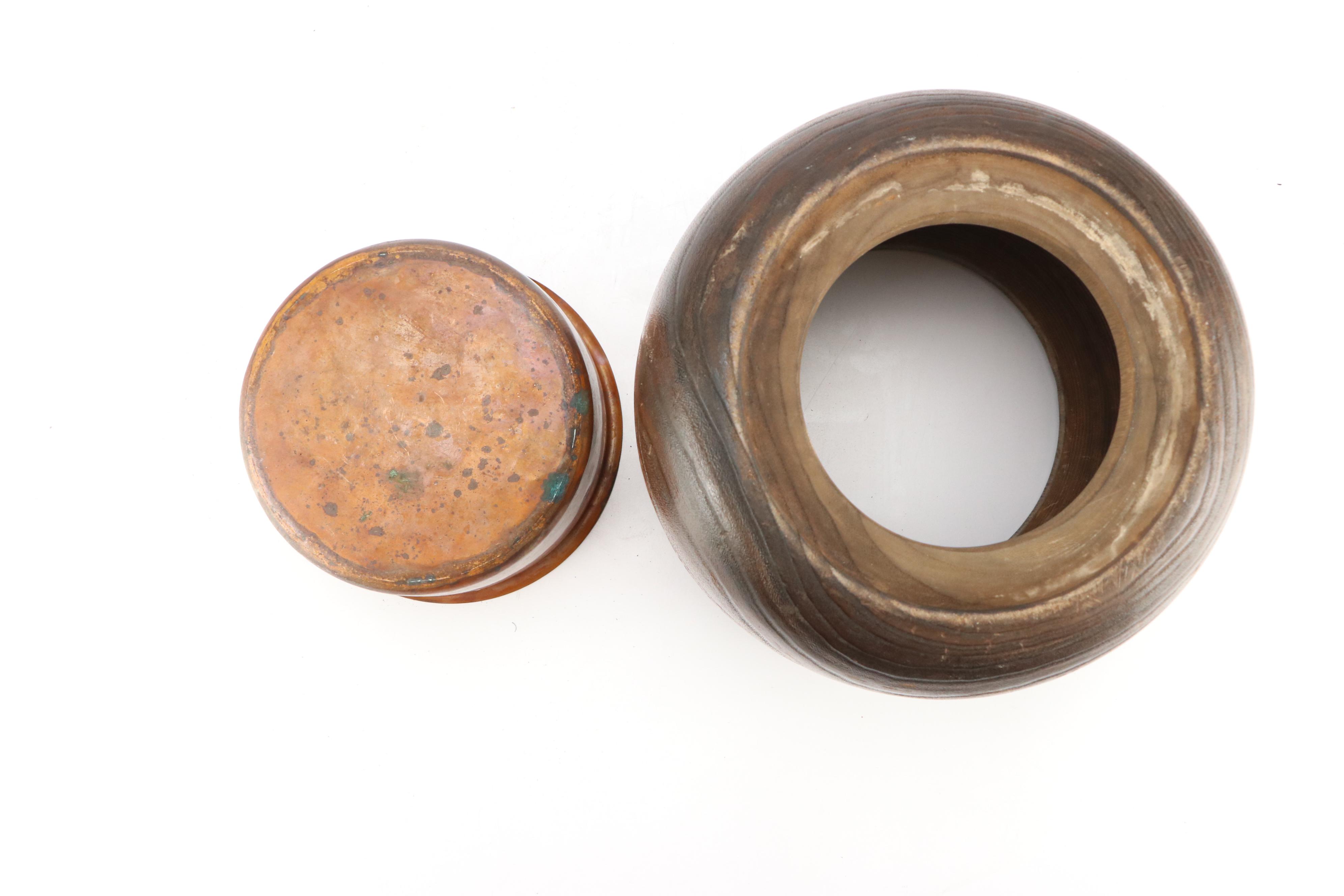 Japanese Lacquer Kiri Wood Hibachi with Metal and Abalone Inlay