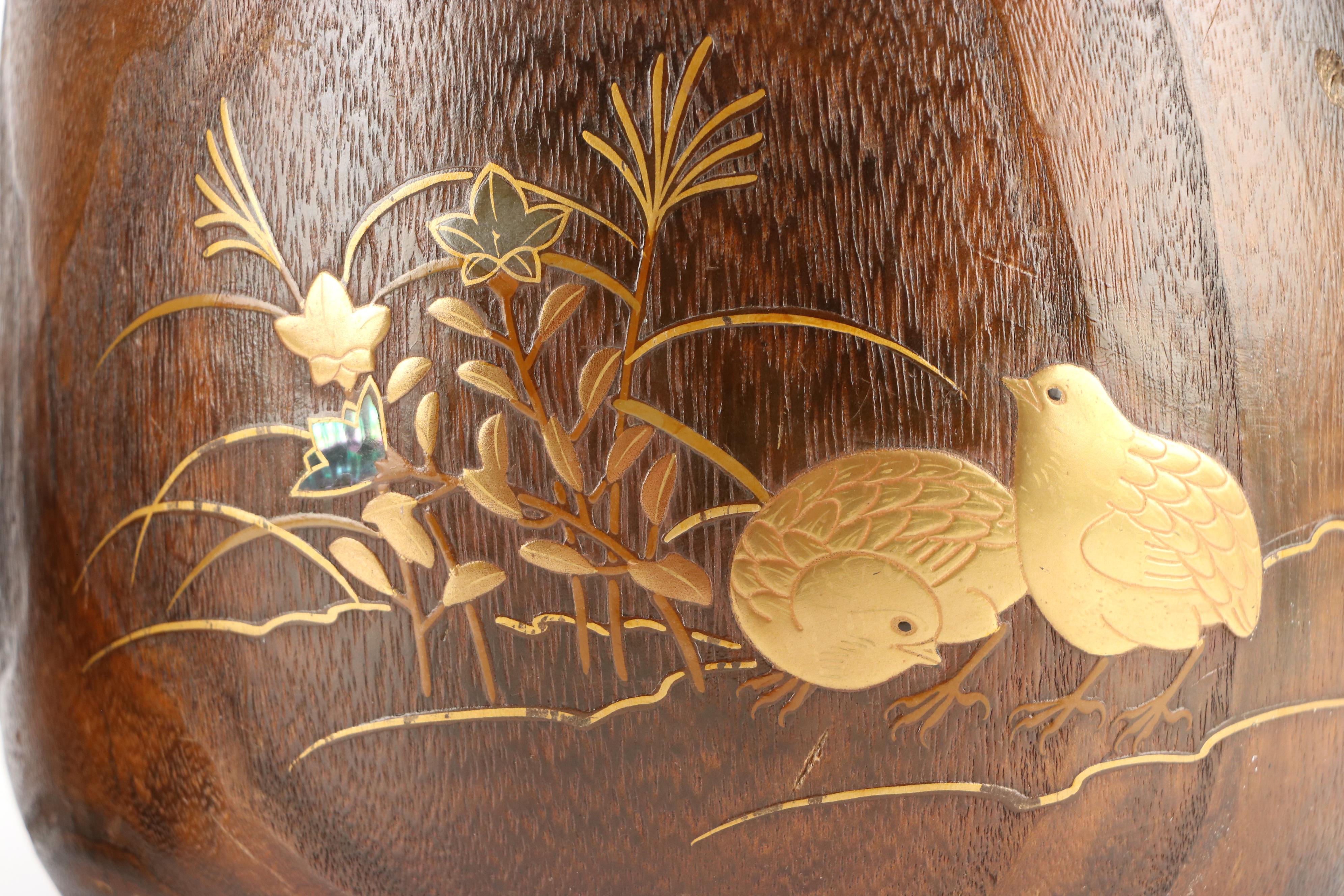 Japanese Lacquer Kiri Wood Hibachi with Metal and Abalone Inlay