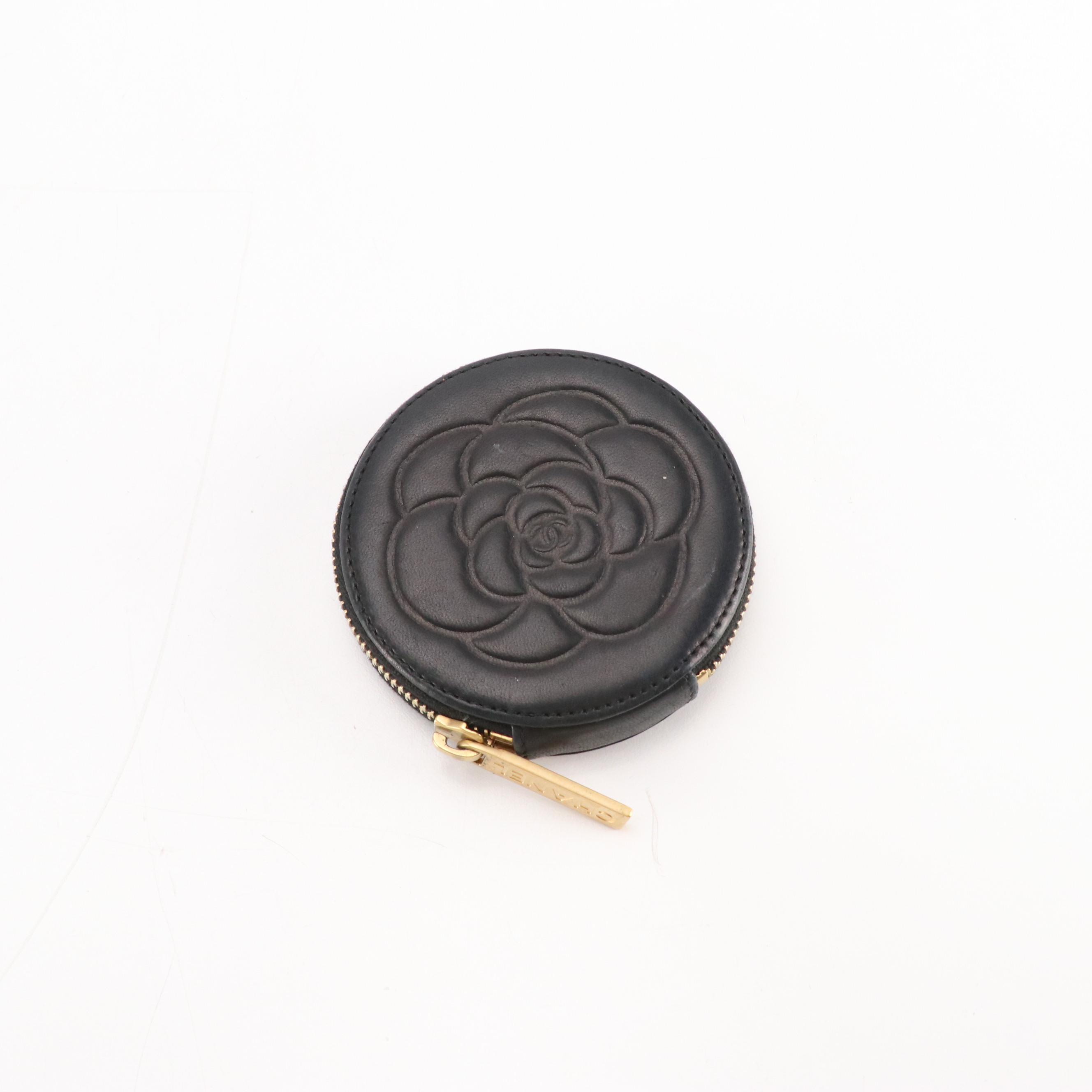 Chanel CC Camellia Flower Coin Purse in Black Lambskin Leather with Box