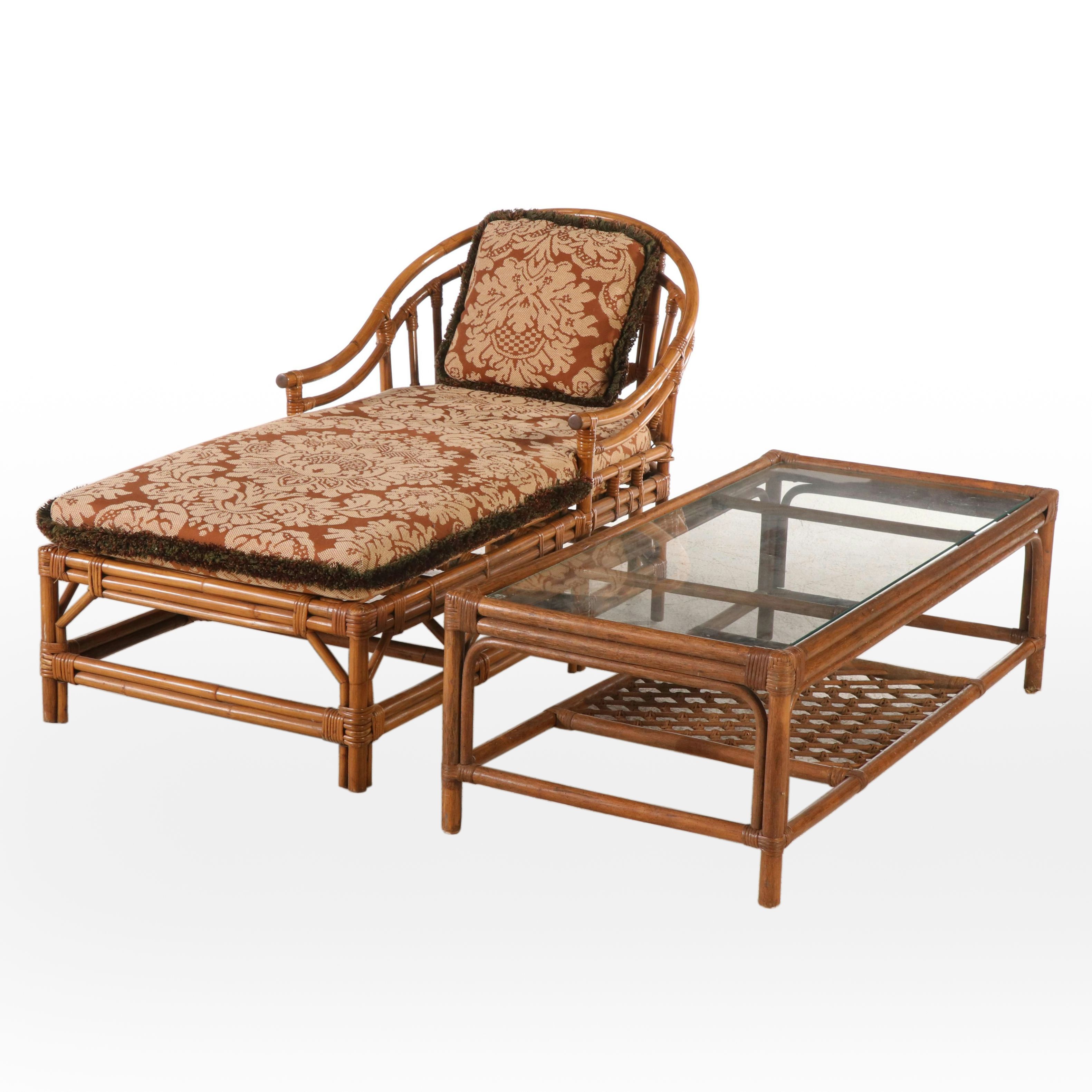Rattan Chaise Lounge and Glass Top Coffee Table, Late 20th Century