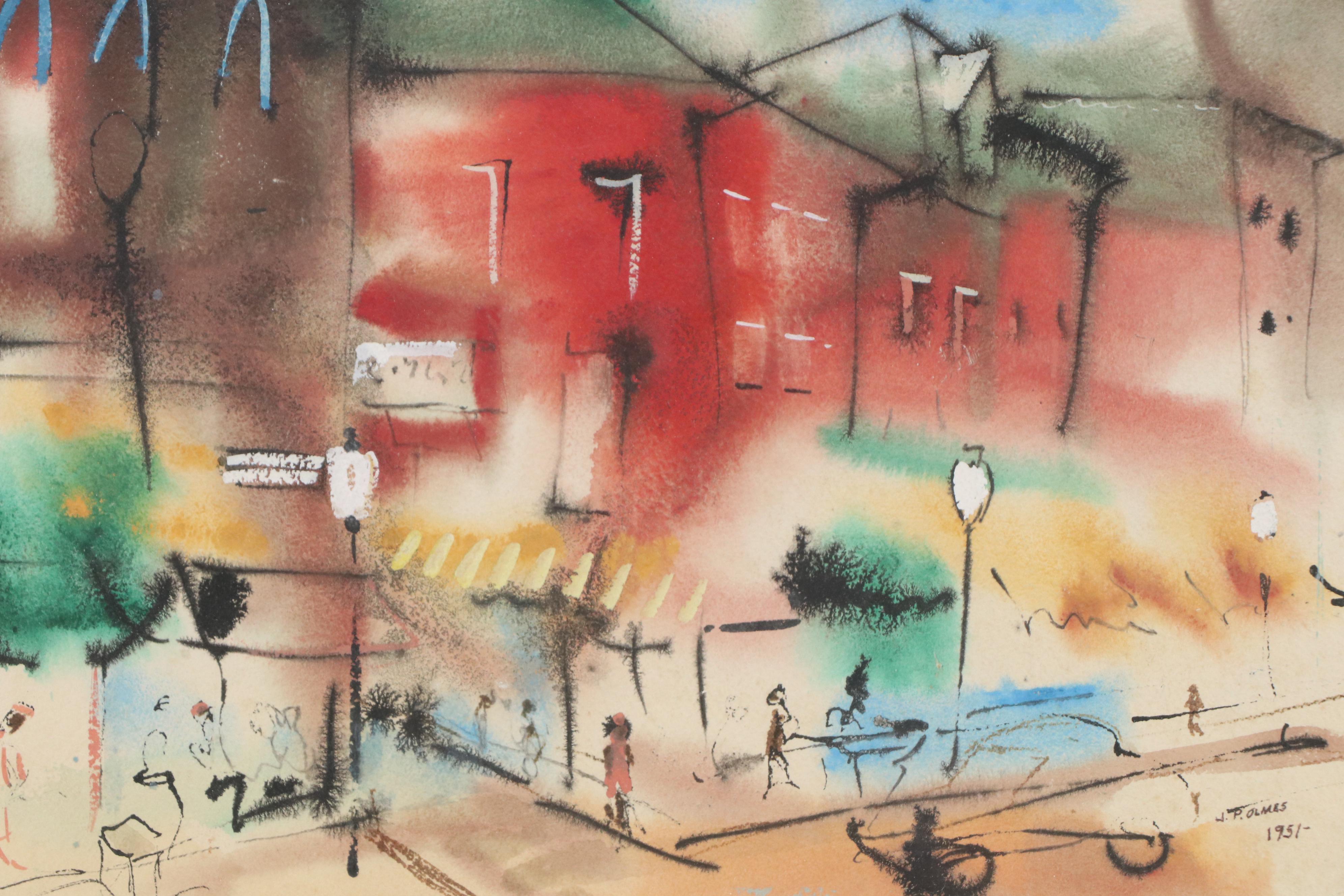 J. P. Olmes Watercolor Painting of Downtown Streetscape, 1951