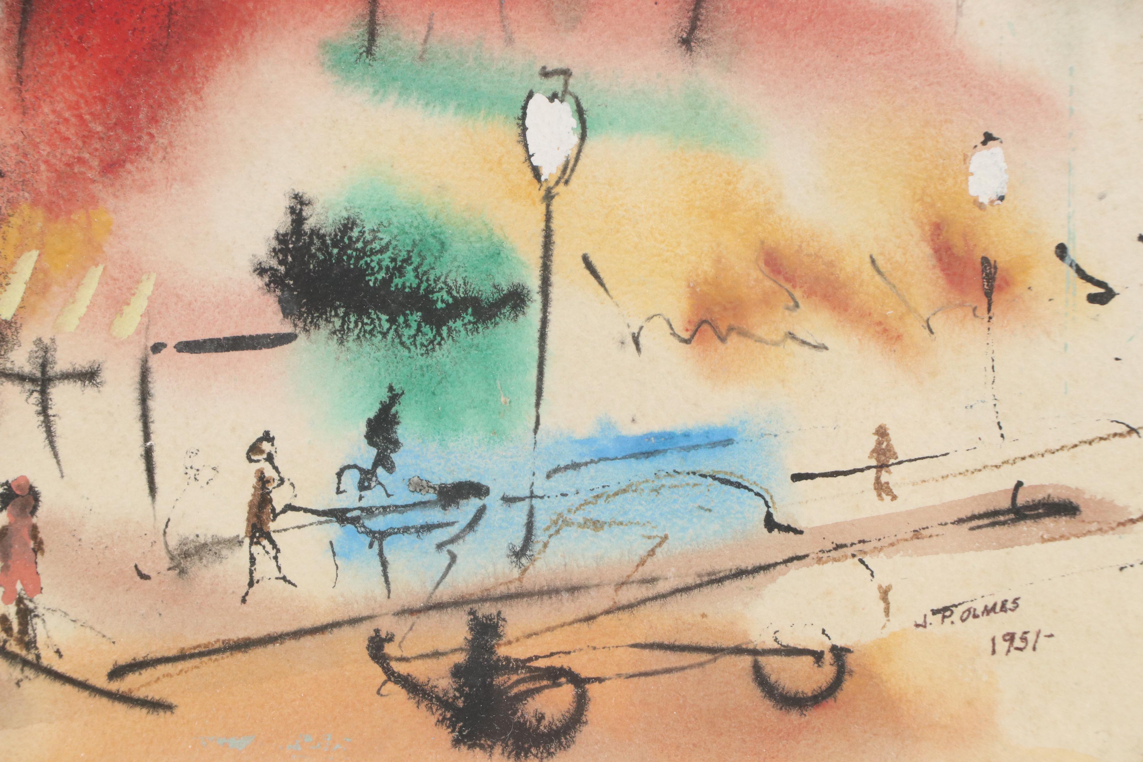 J. P. Olmes Watercolor Painting of Downtown Streetscape, 1951