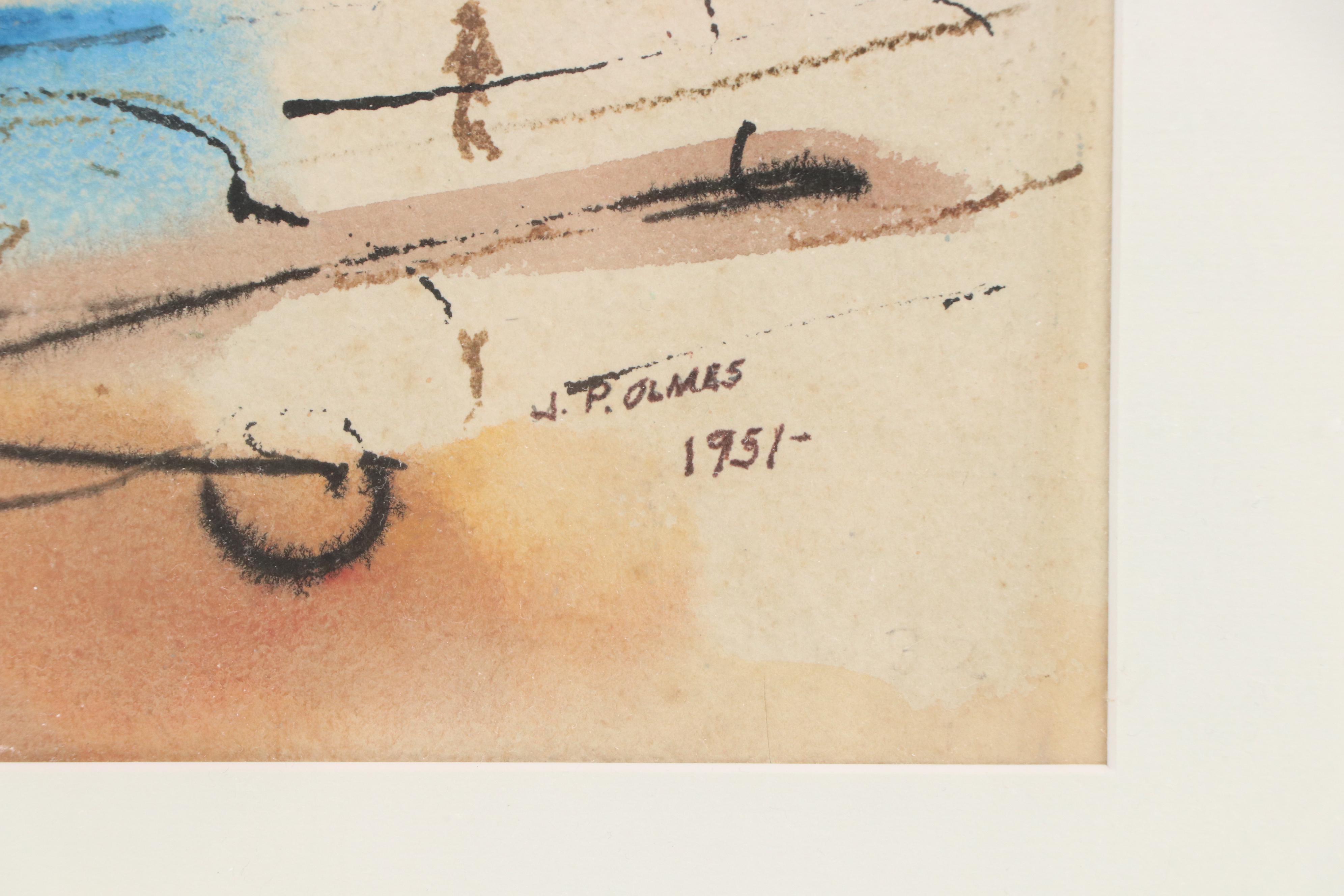 J. P. Olmes Watercolor Painting of Downtown Streetscape, 1951