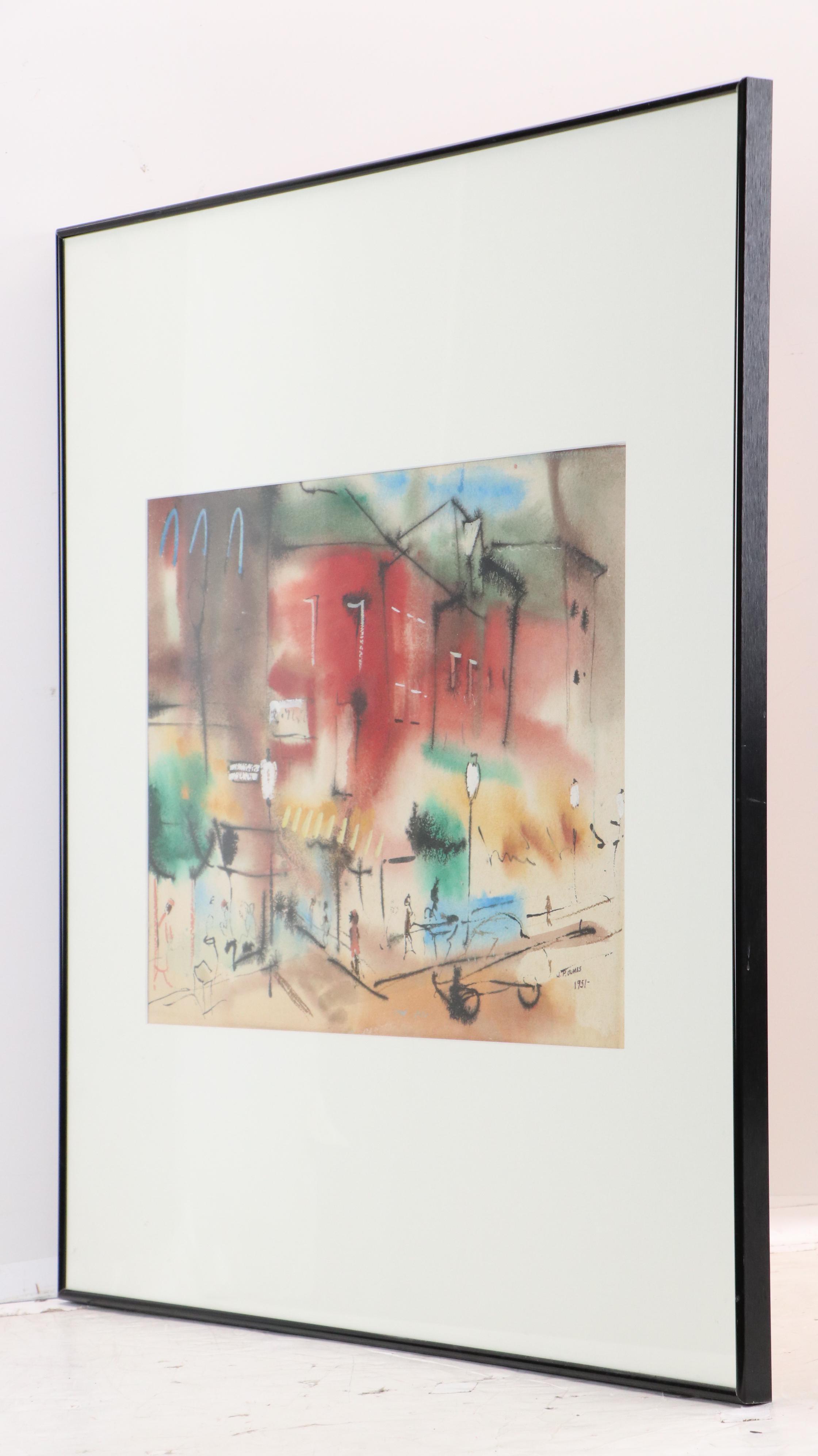 J. P. Olmes Watercolor Painting of Downtown Streetscape, 1951