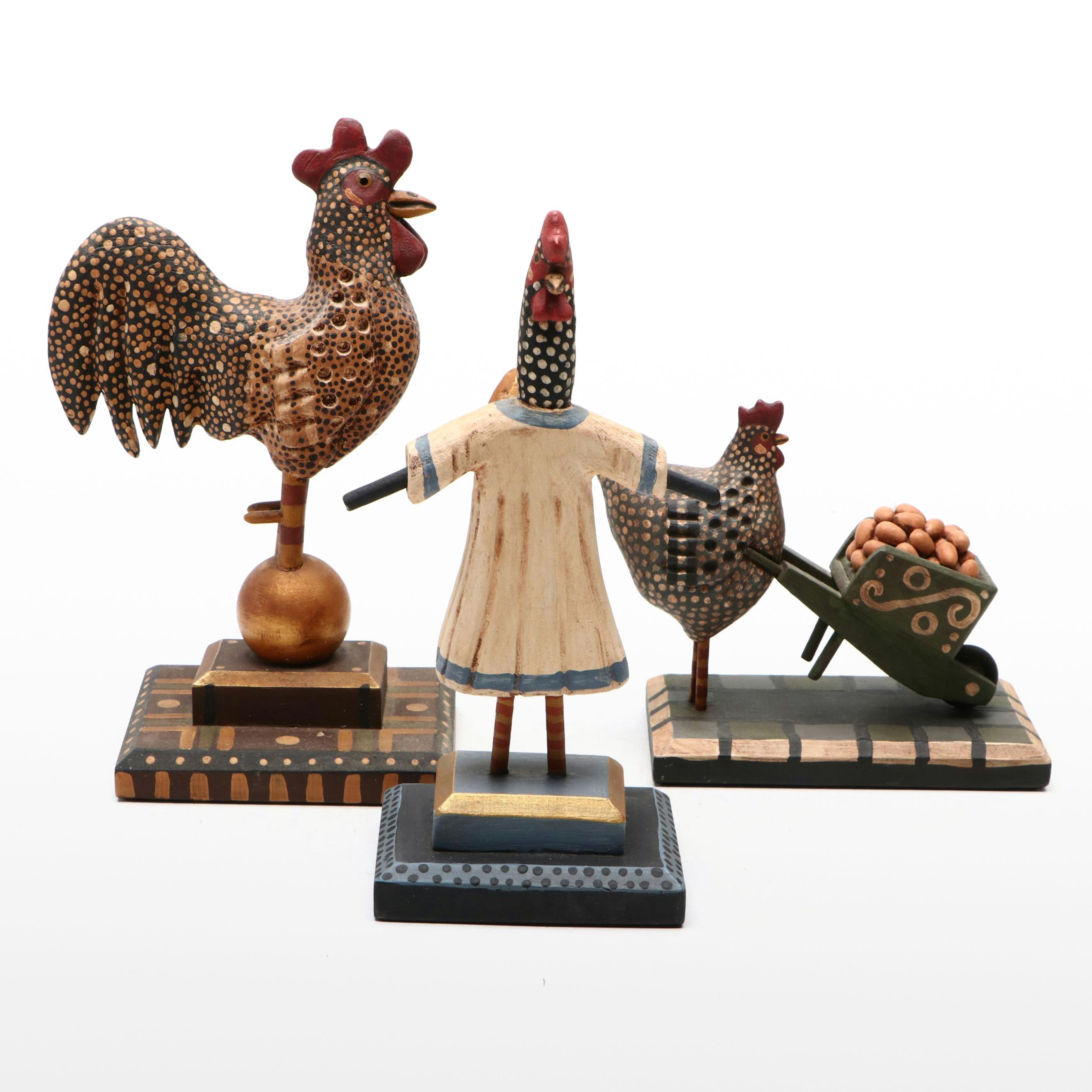George Voyzey Folk Art Style Carved Wood Chicken Figurines