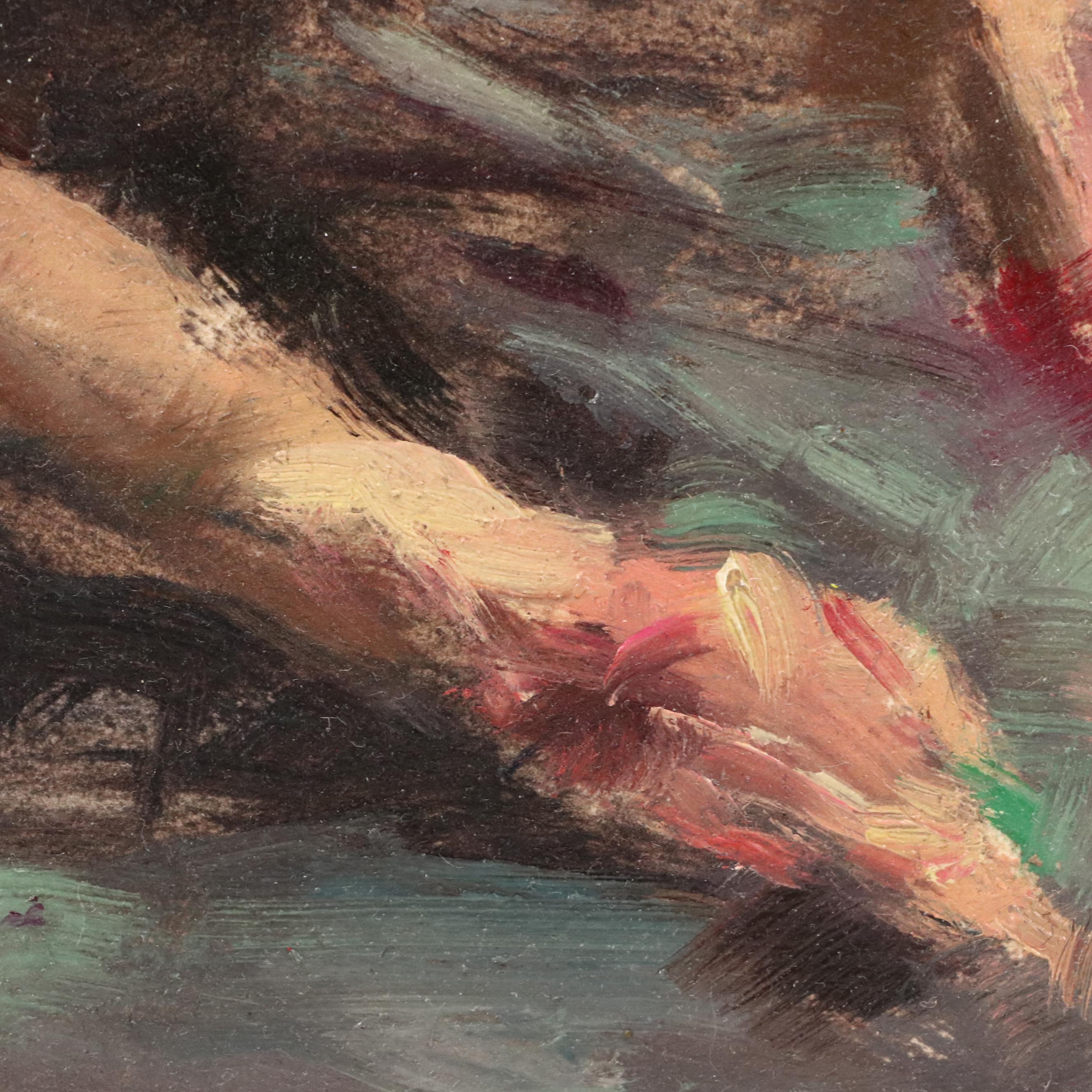 Impressionistic Style Oil Portrait of Woman in Black Dress