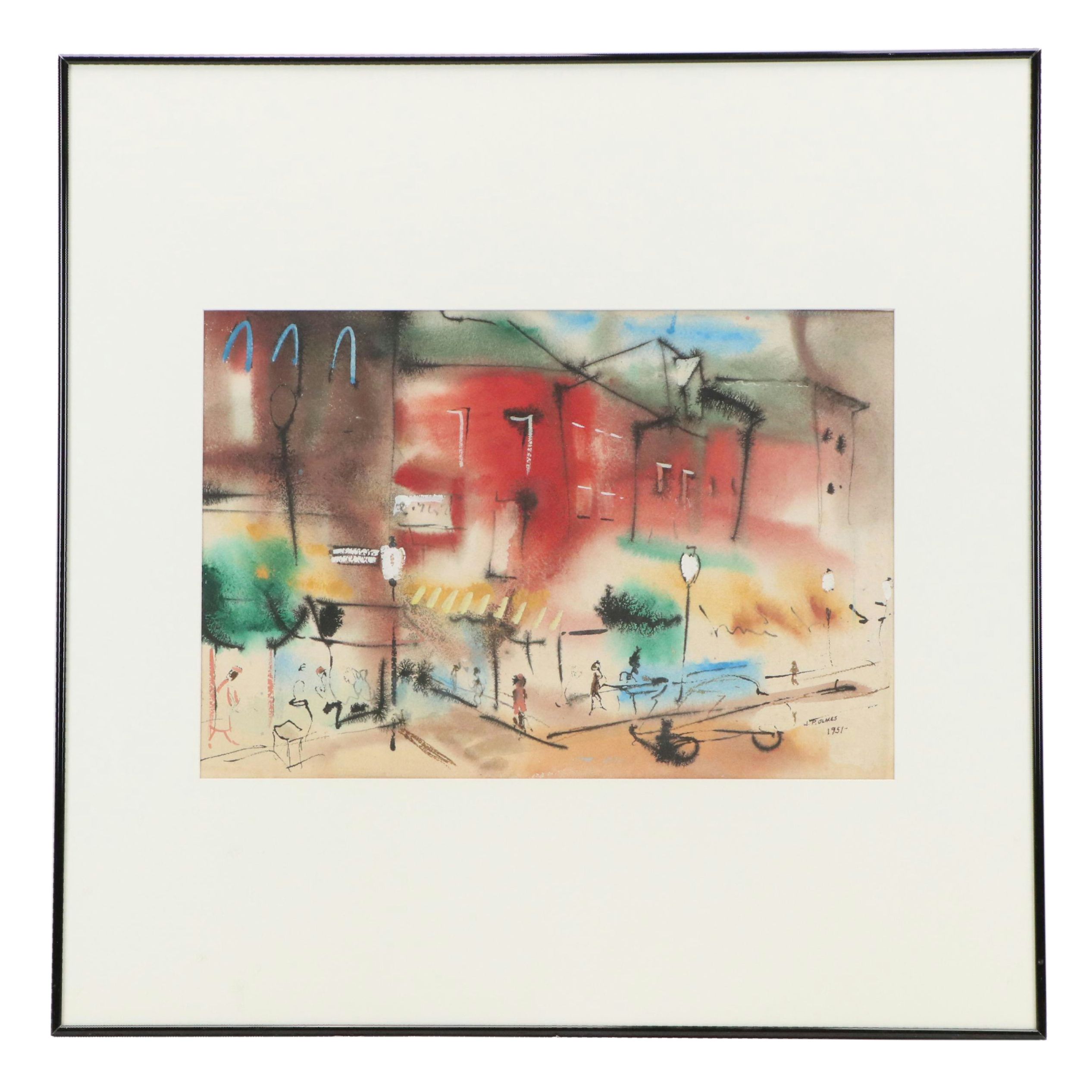 J. P. Olmes Watercolor Painting of Downtown Streetscape, 1951