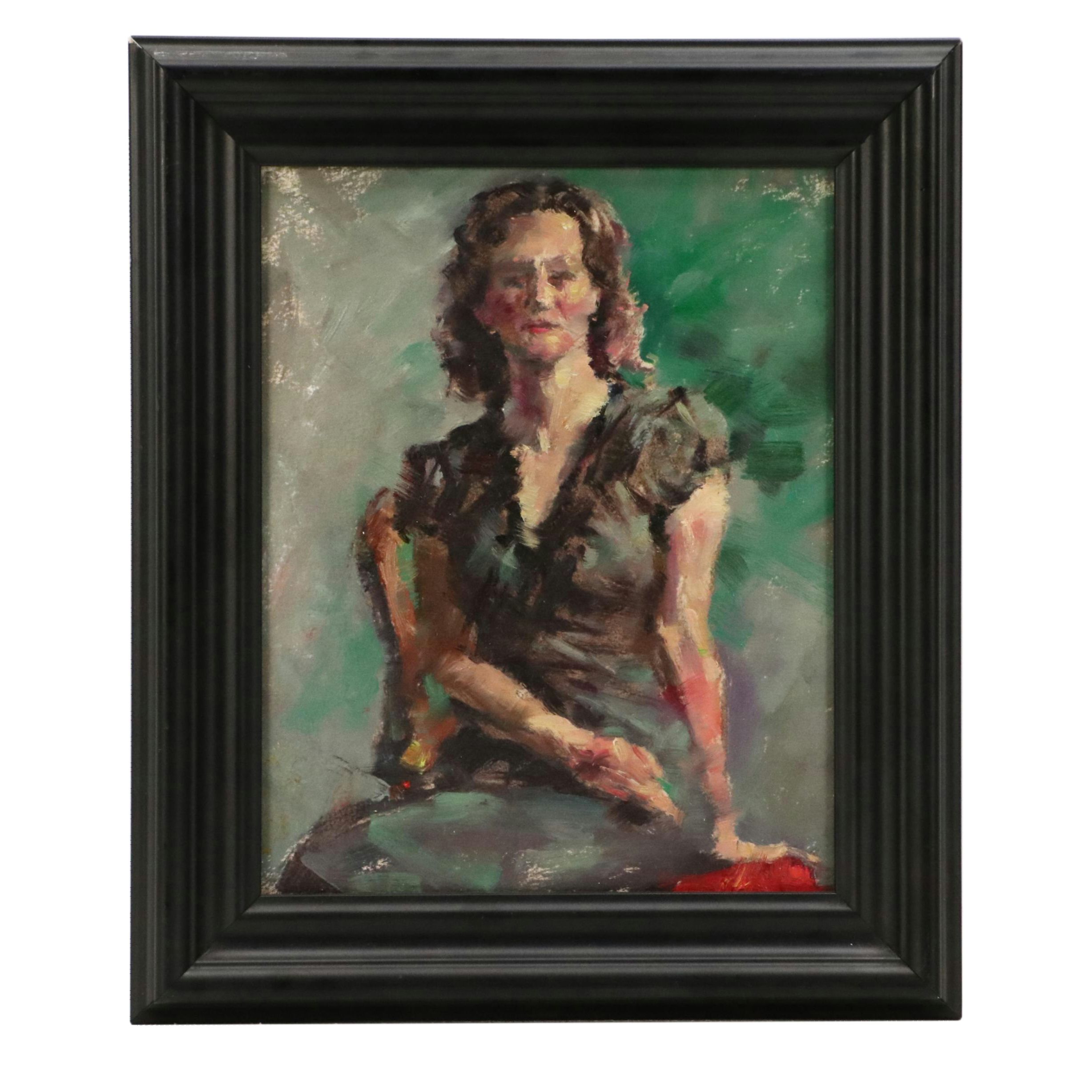 Impressionistic Style Oil Portrait of Woman in Black Dress