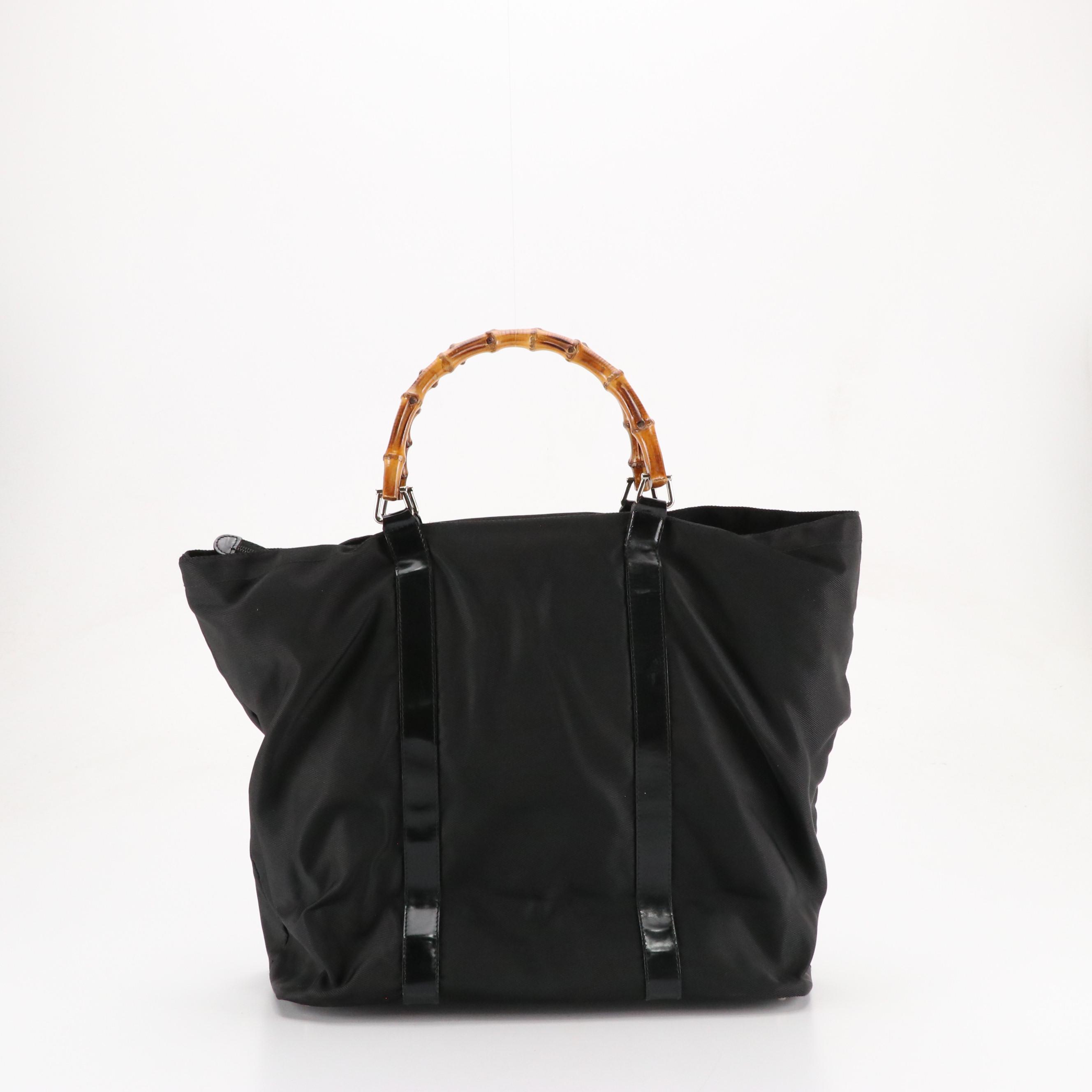 Gucci Bamboo Handle Large Zip Tote in Black Jacquard Canvas and Patent Leather