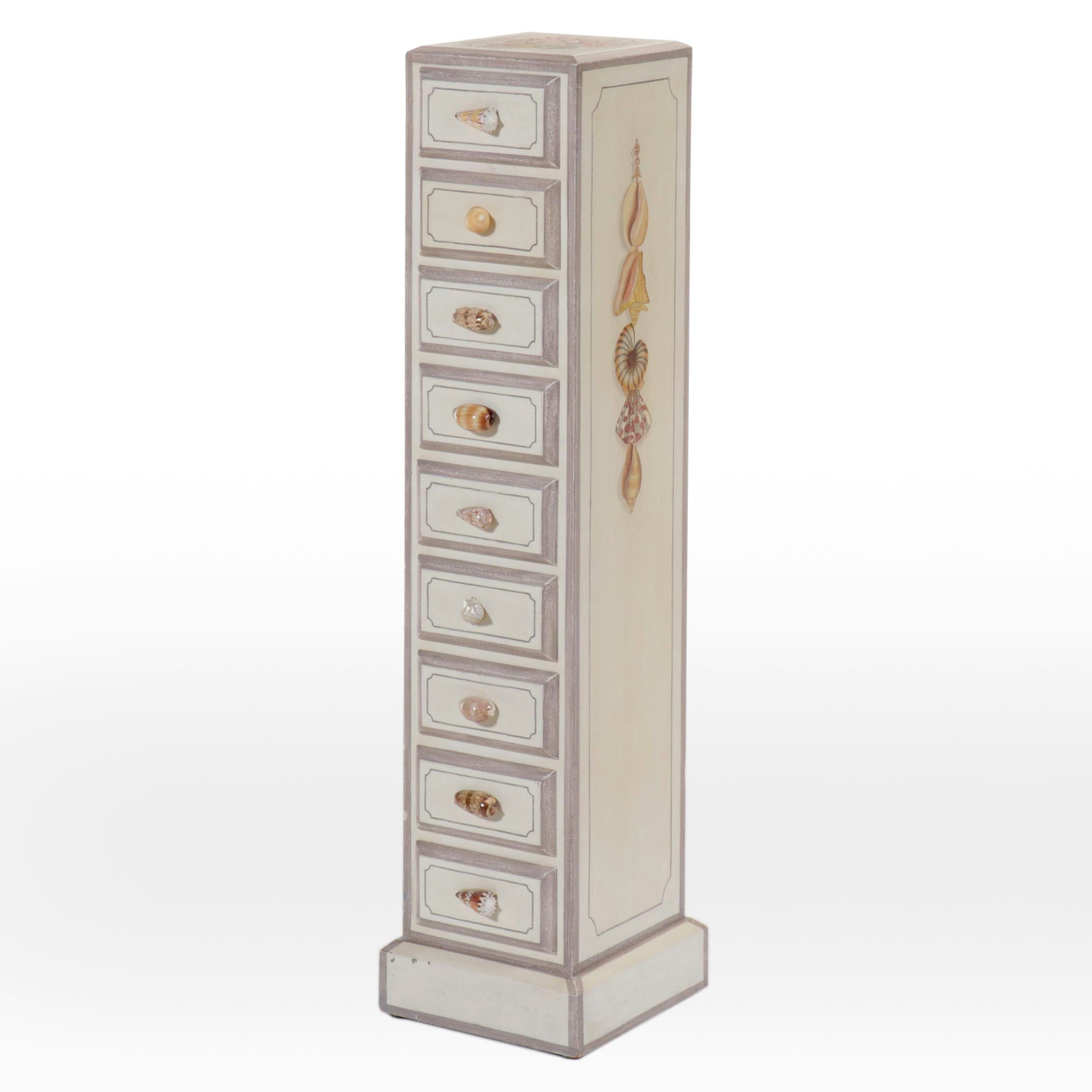 Maitland-Smith Seashell Handled and Painted Narrow Chest of Drawers