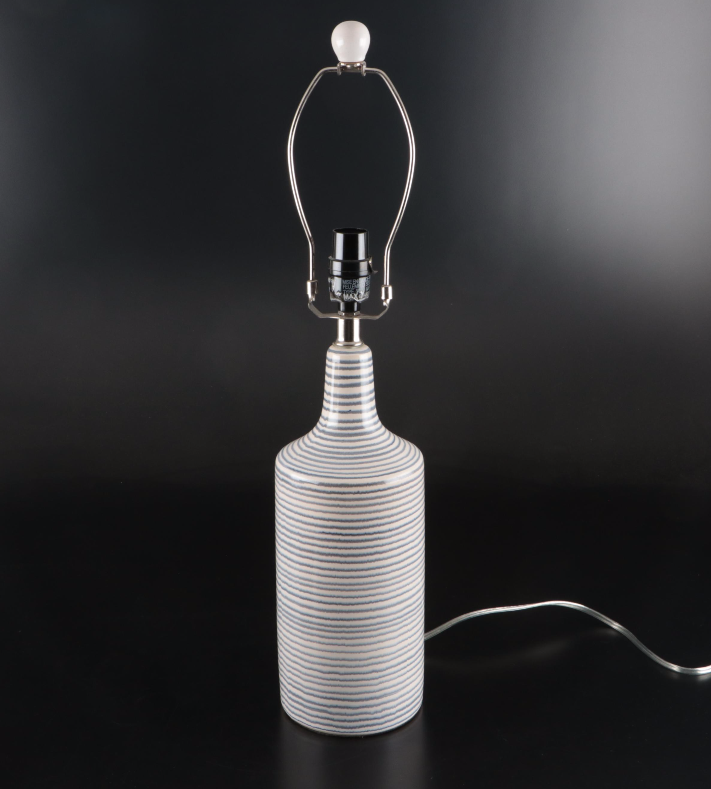 Coastal Ceramic Striped Lamps with Linen Drum Shades