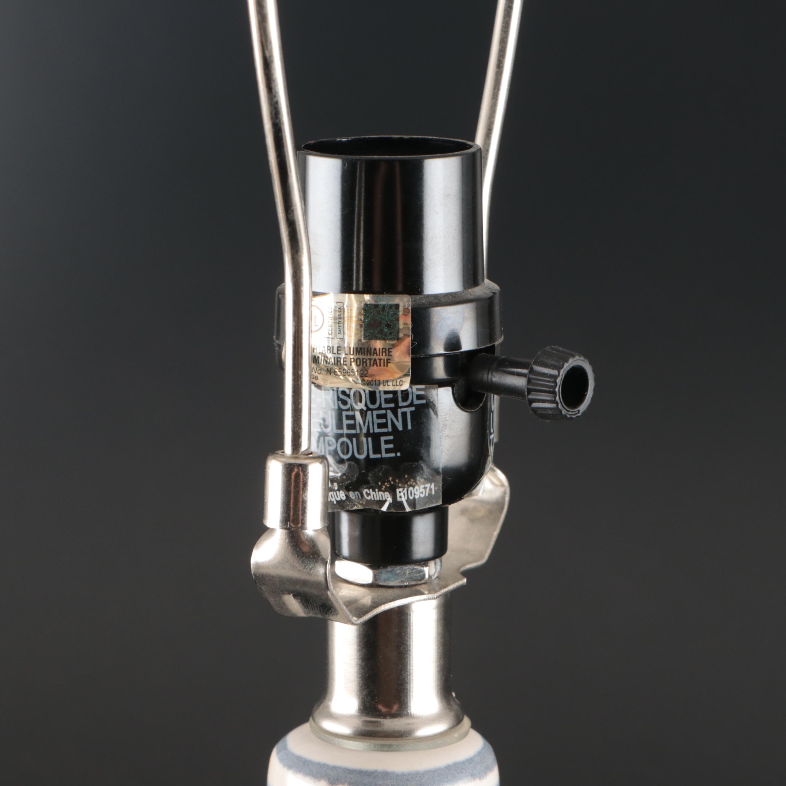 Coastal Ceramic Striped Lamps with Linen Drum Shades