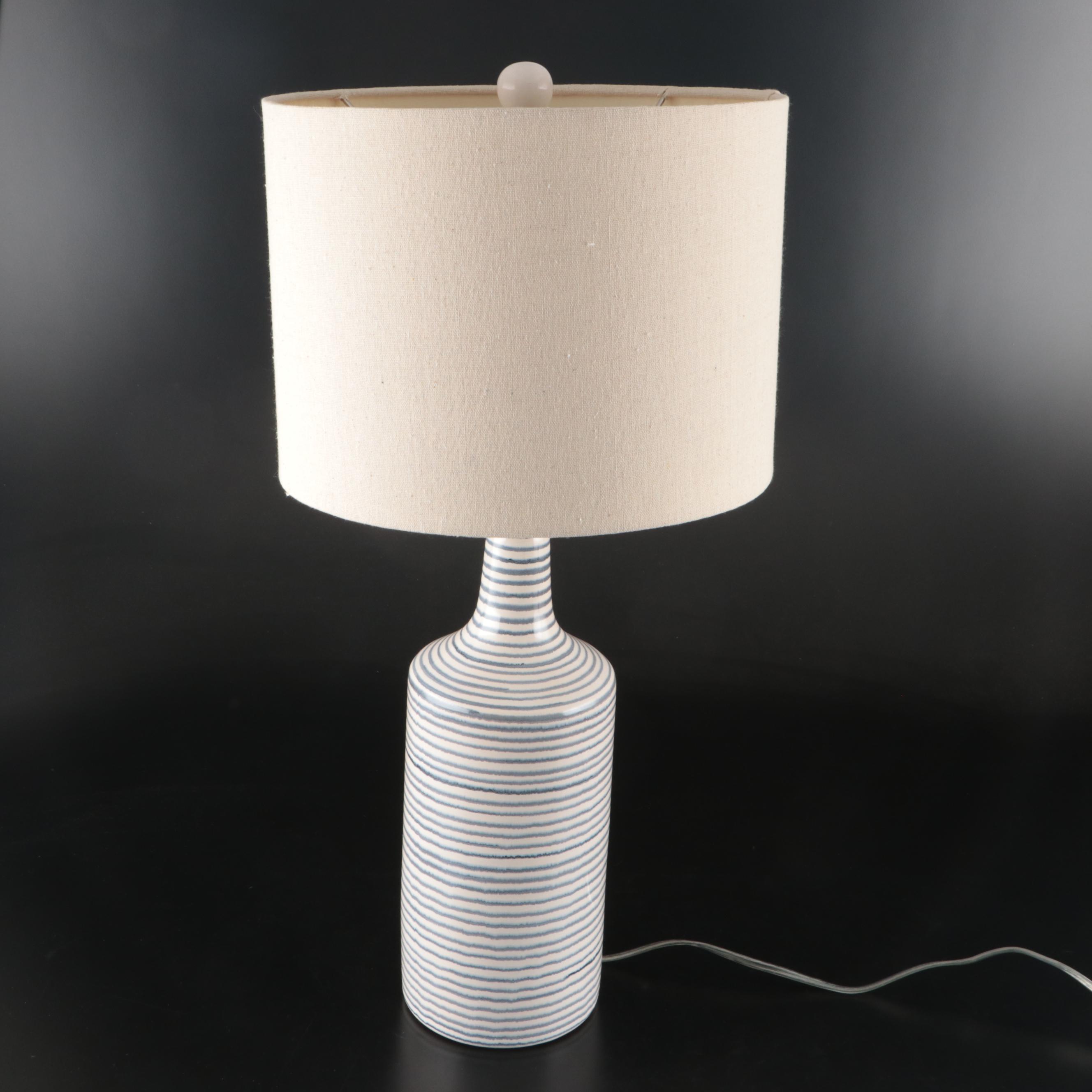 Coastal Ceramic Striped Lamps with Linen Drum Shades