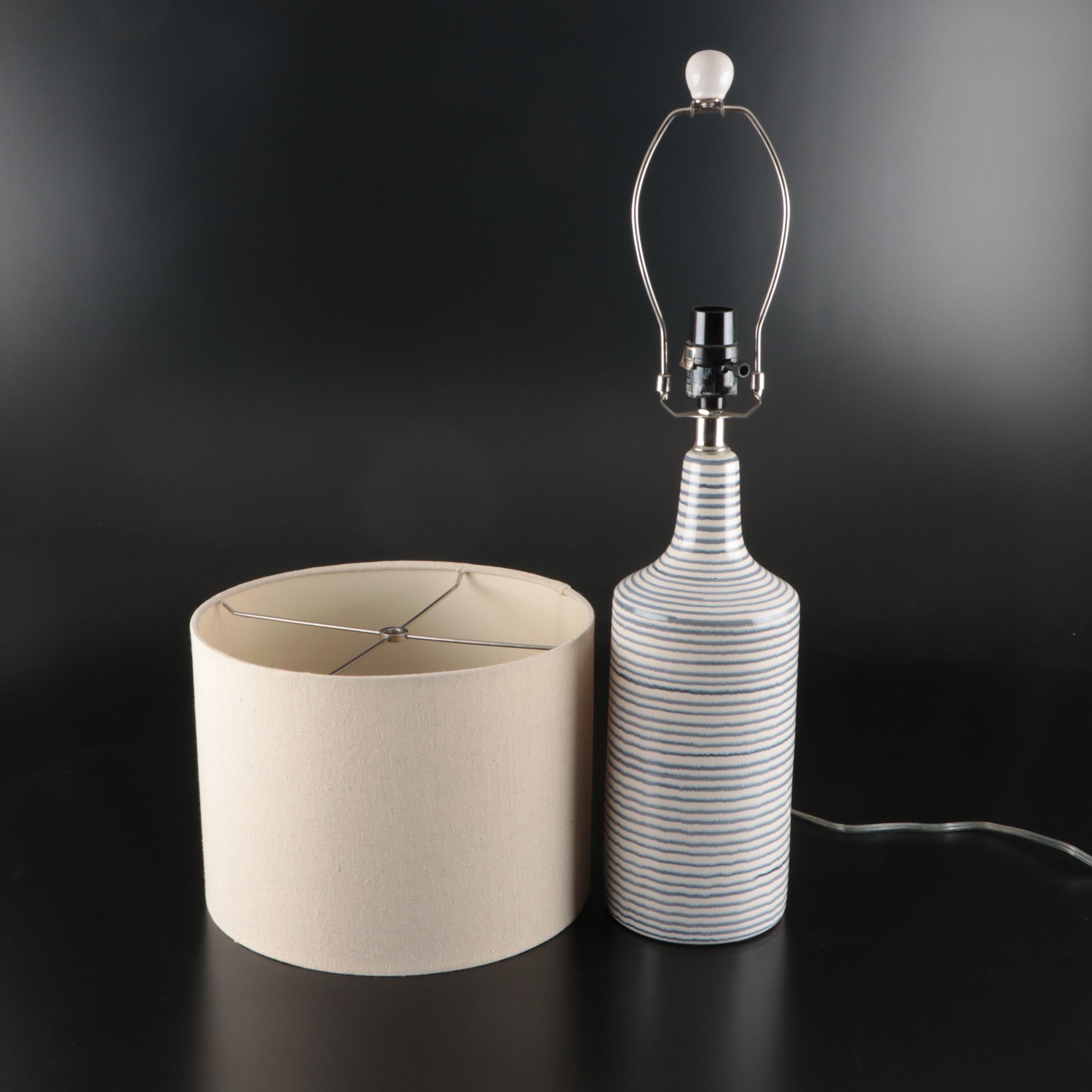 Coastal Ceramic Striped Lamps with Linen Drum Shades