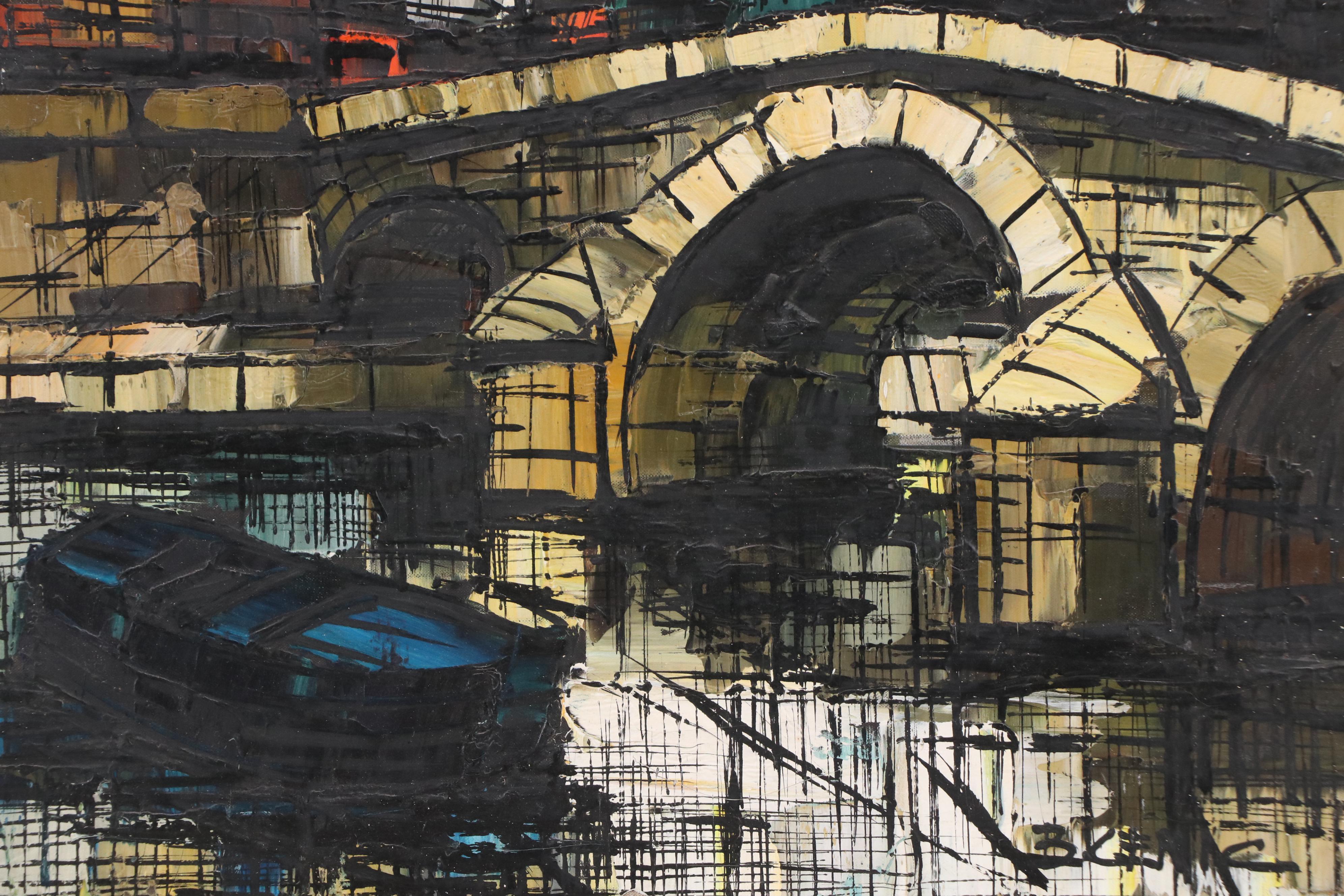 Boris Cenic Modern Oil Painting of European Townscape, Mid-20th Century