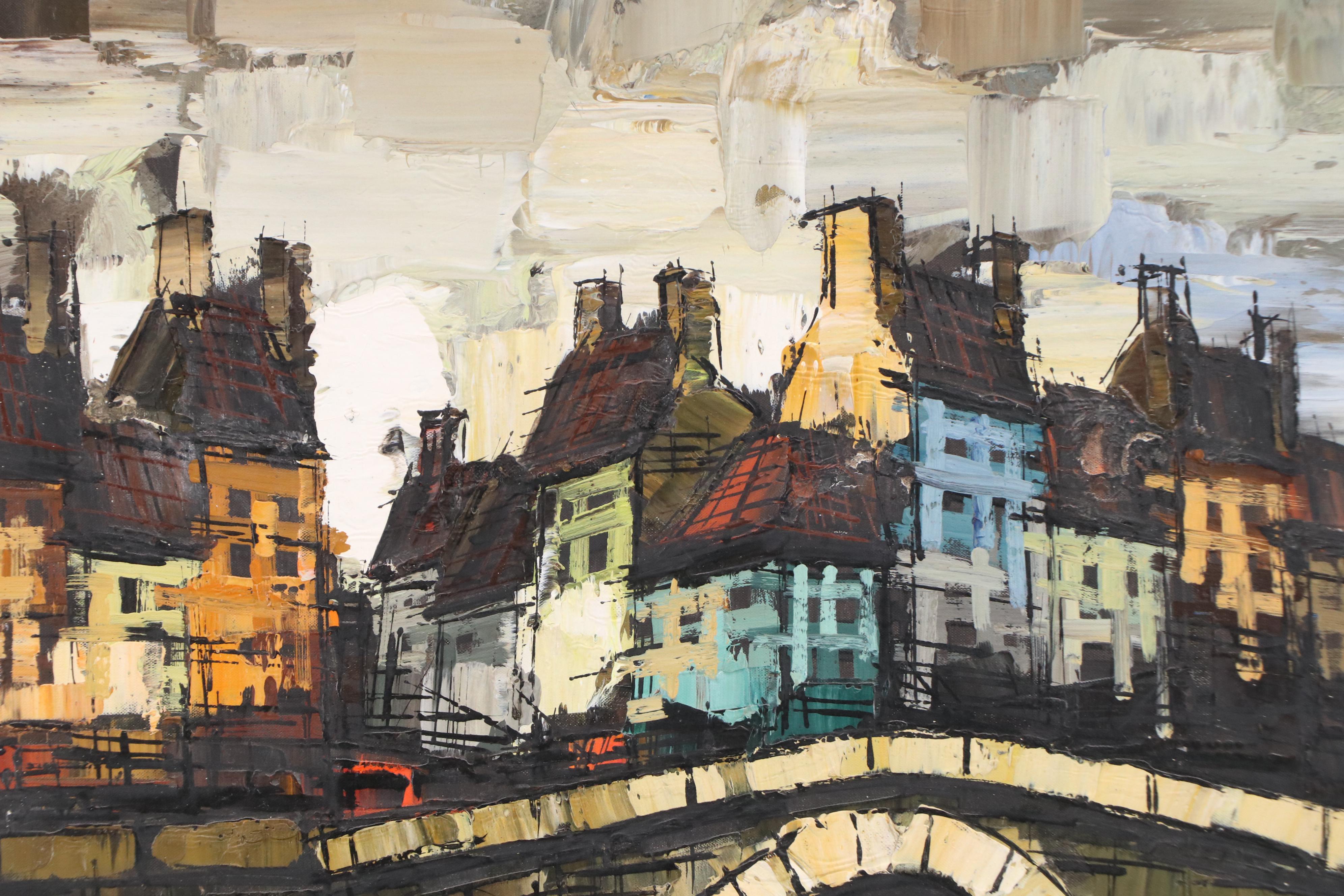 Boris Cenic Modern Oil Painting of European Townscape, Mid-20th Century