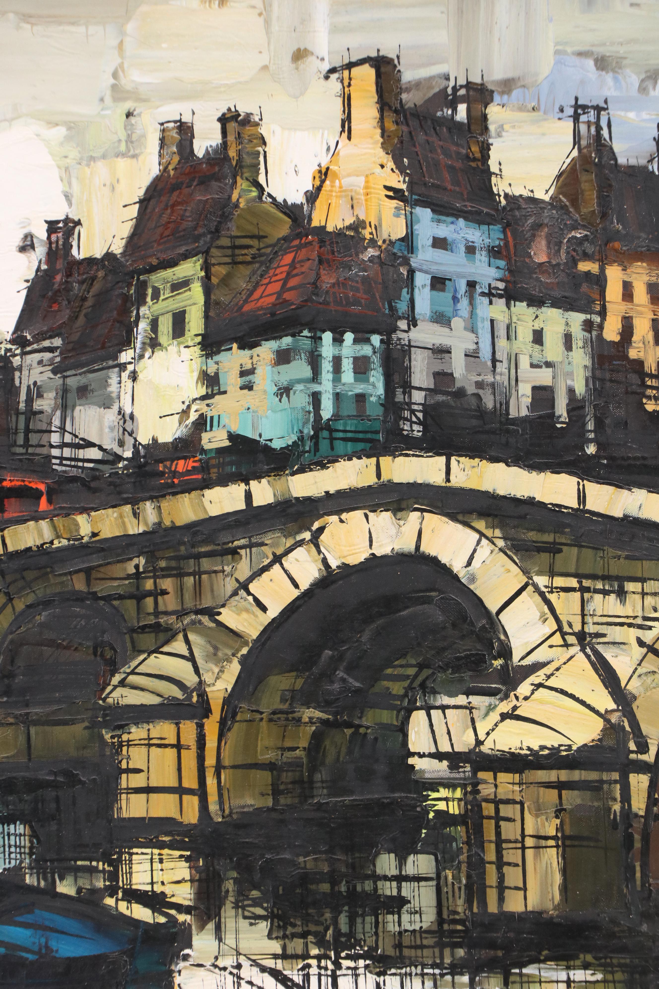 Boris Cenic Modern Oil Painting of European Townscape, Mid-20th Century